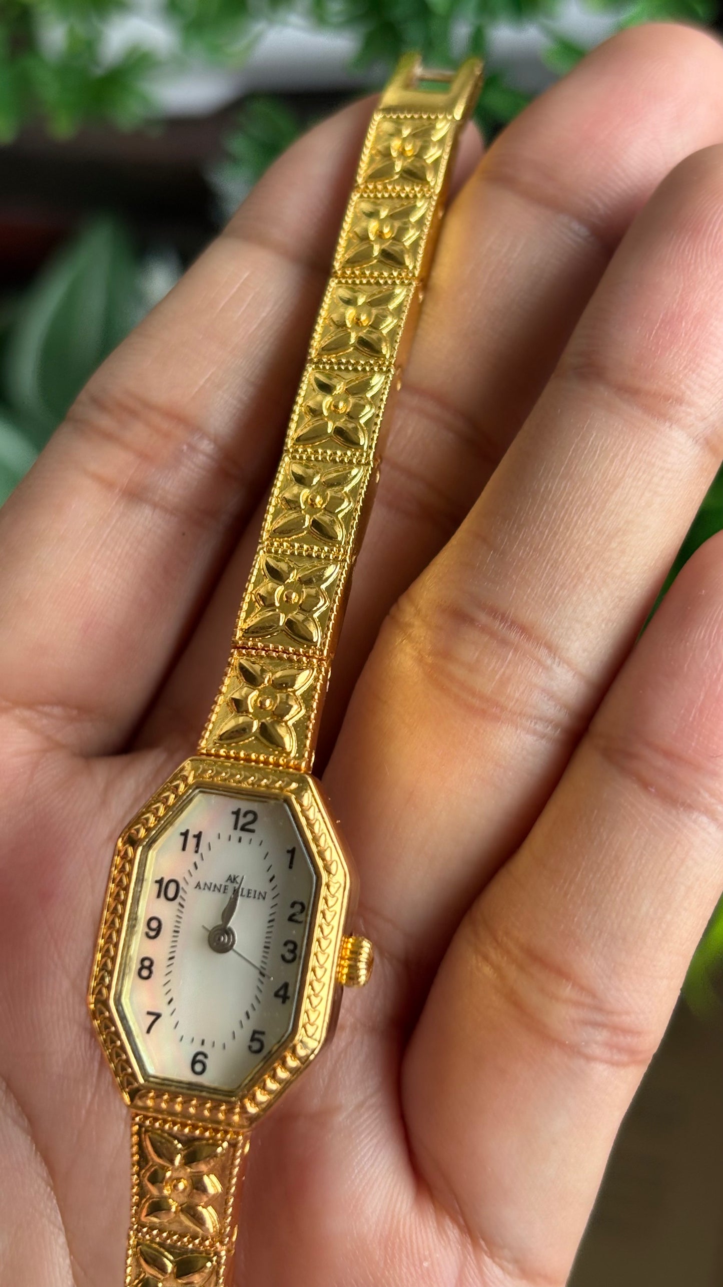 Extremely Rare Vintage Anne Klein Art Deco Watch in Gold Tone Mother of Pearl Dial