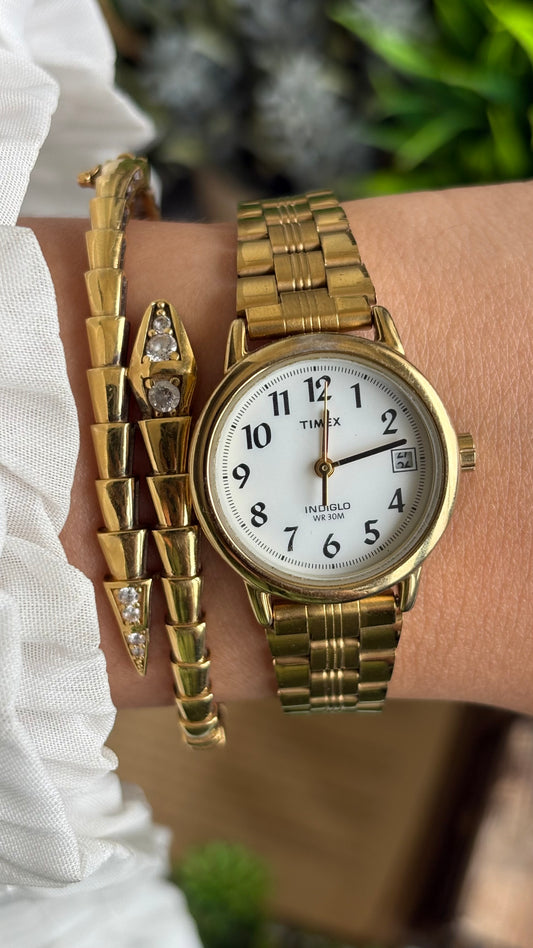 Vintage Timex Classic Watch in Gold Tone with Date Just Indiglo Dial