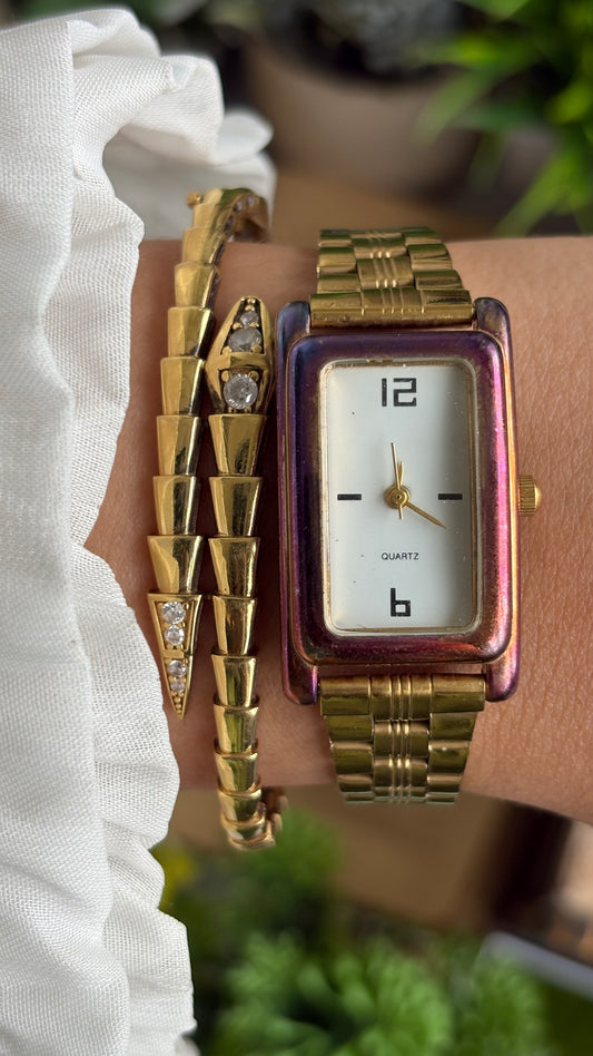 Vintage Tank Watch in Gold Tone Pink Dial
