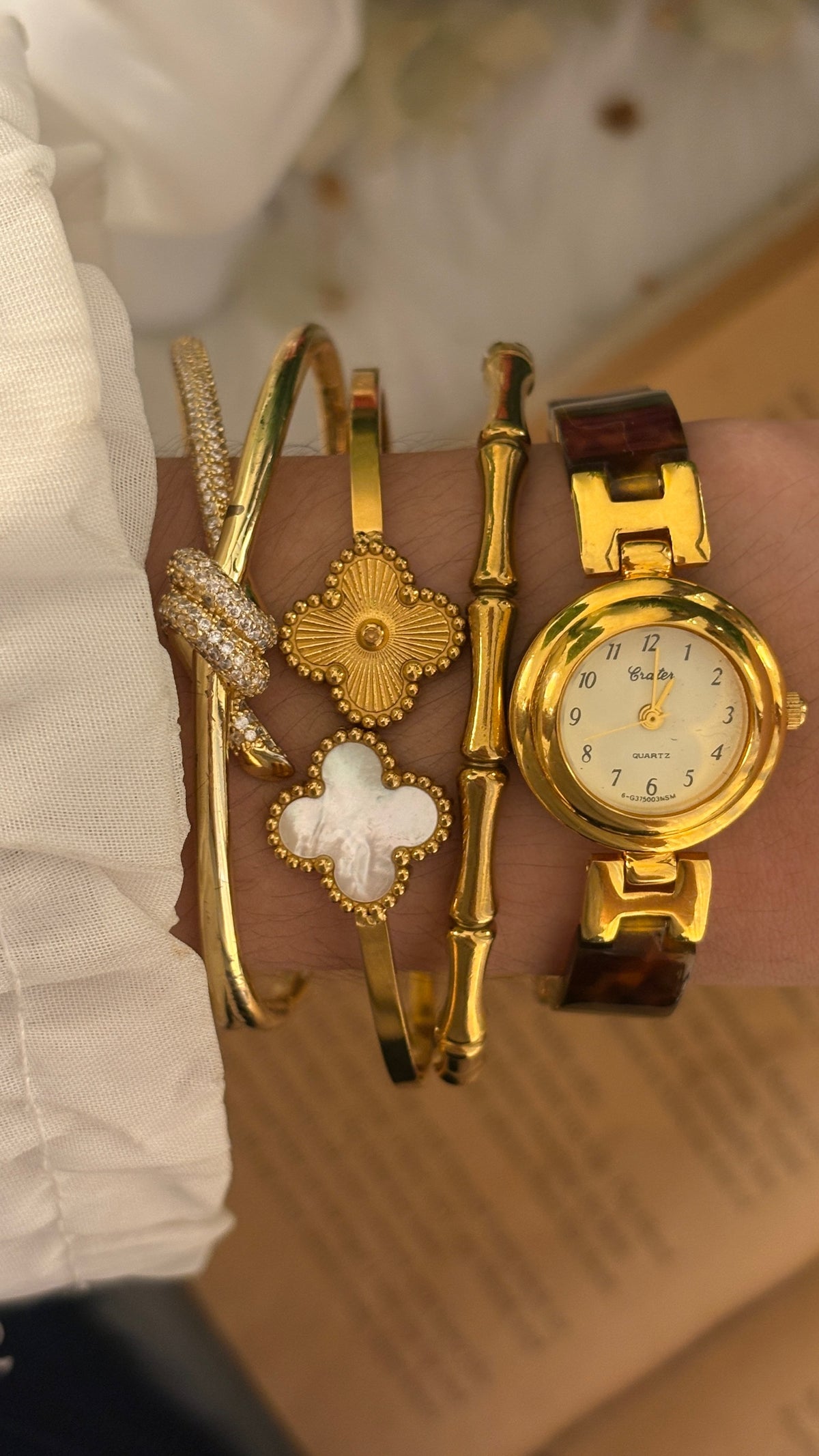Rare Vintage Crater Tortoise Semi-Bangle Watch in Gold Tone Quartz