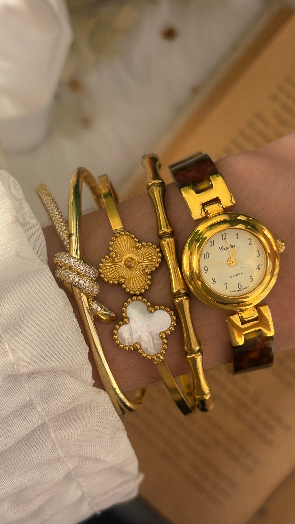 Rare Vintage Crater Tortoise Semi-Bangle Watch in Gold Tone Quartz