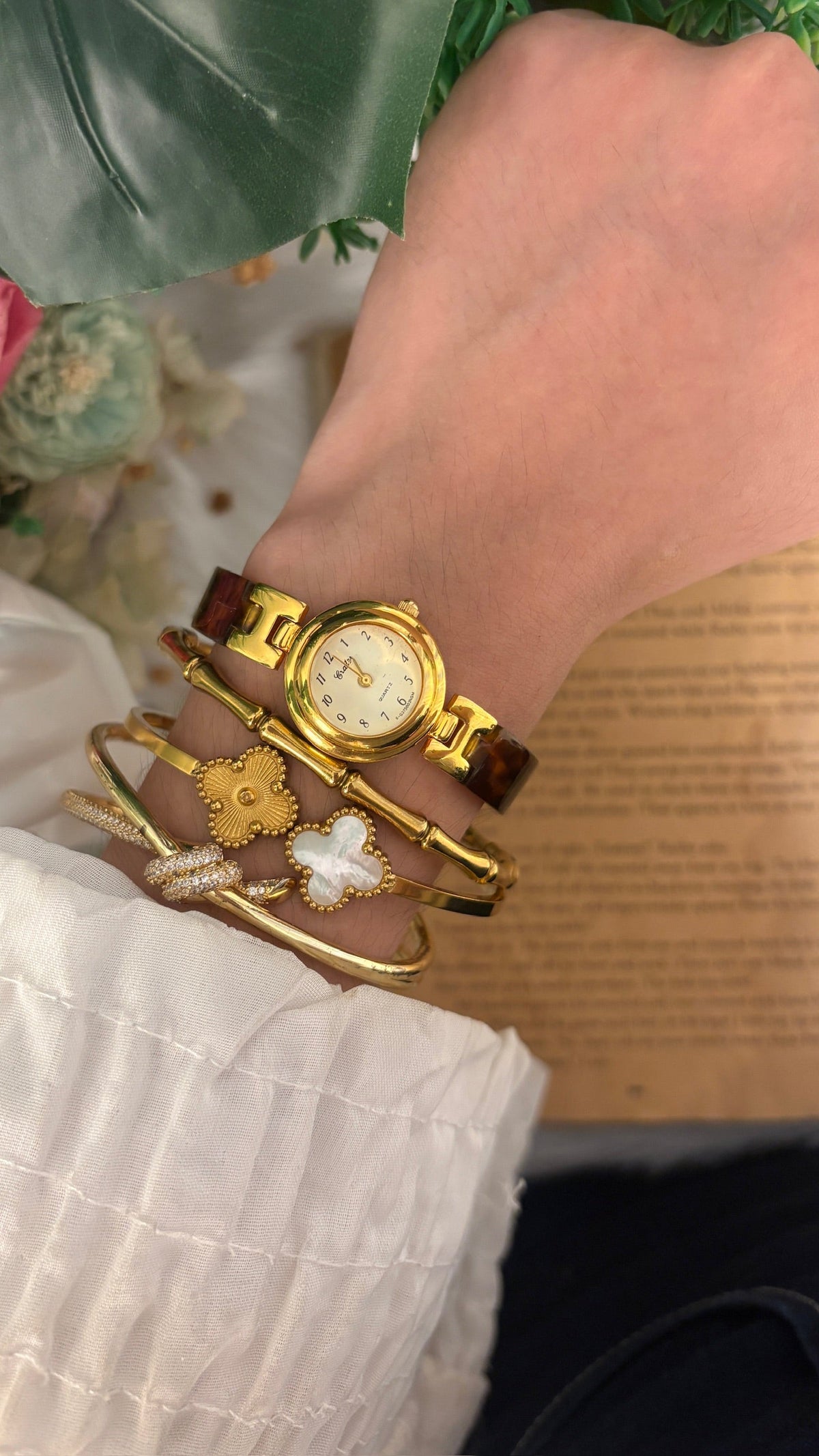 Rare Vintage Crater Tortoise Semi-Bangle Watch in Gold Tone Quartz