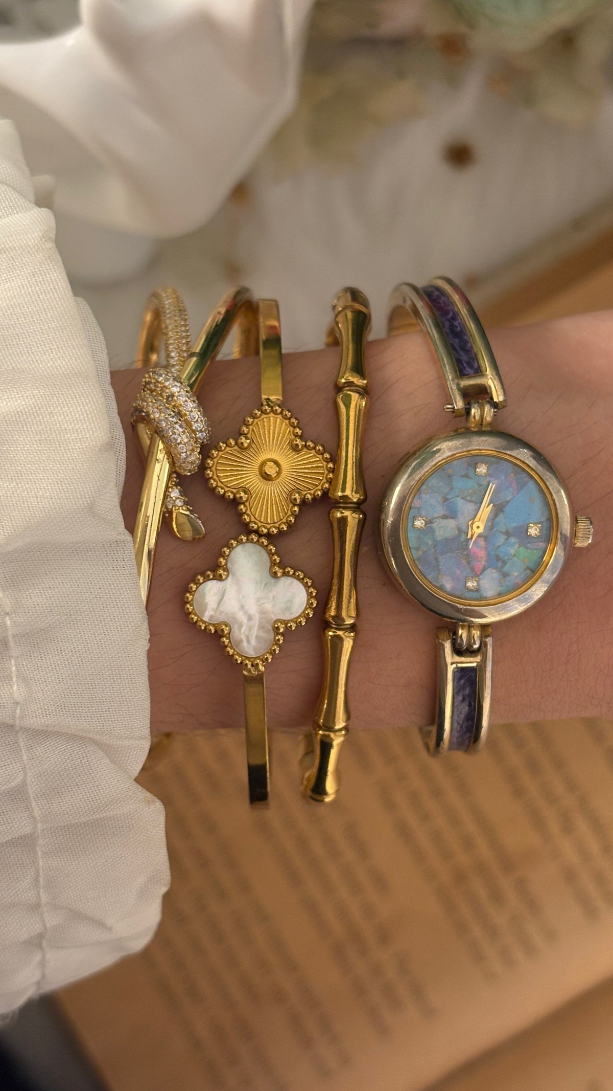 Rare Vintage Krone Opal Dial Leather Bangle Watch in Gold Tone Quartz