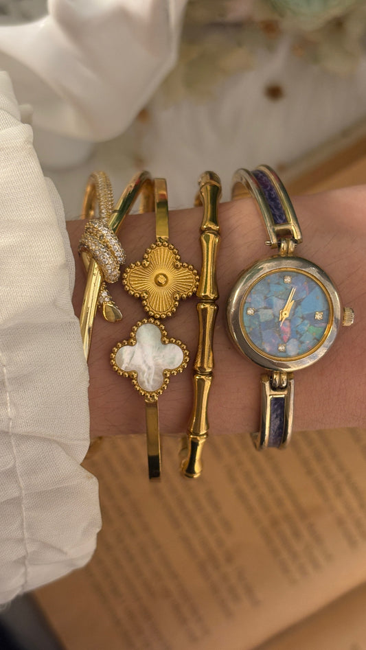 Rare Vintage Krone Opal Dial Leather Bangle Watch in Gold Tone Quartz