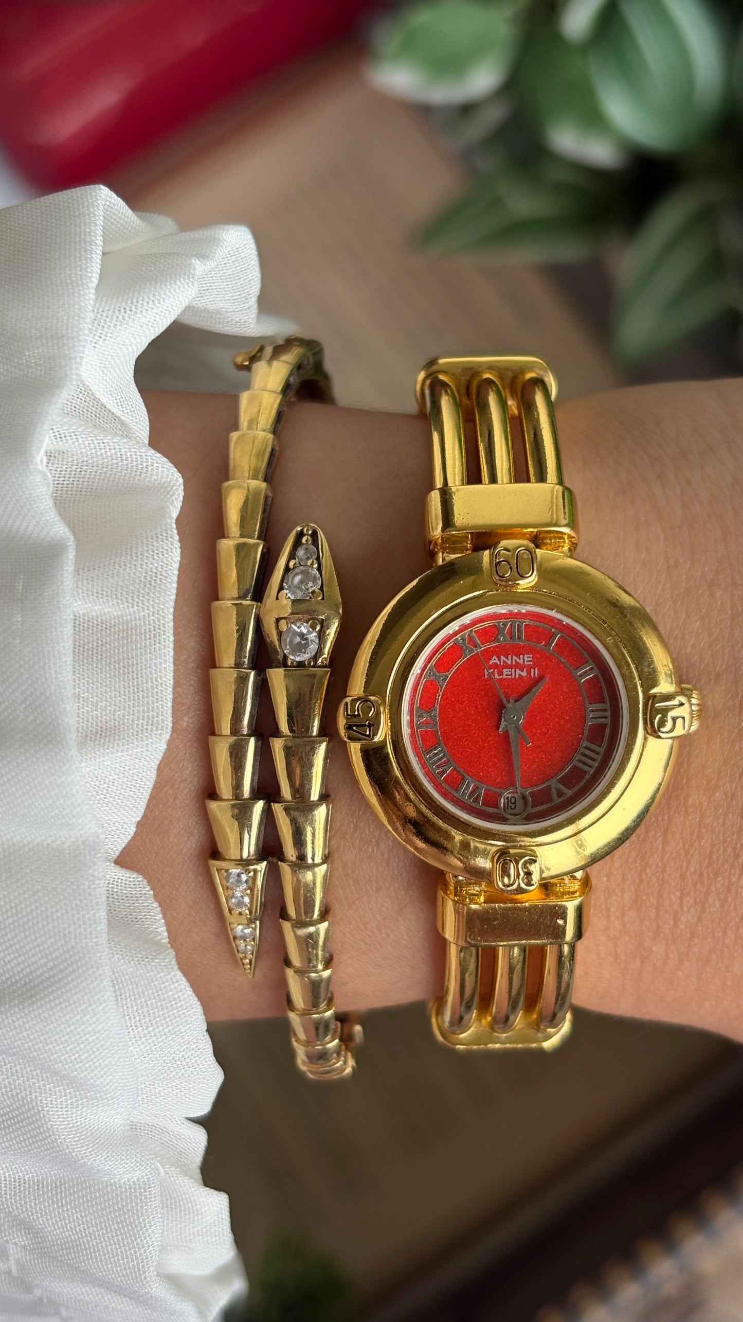 Vintage Anne Klein II Watch in Gold Tone Red Dial