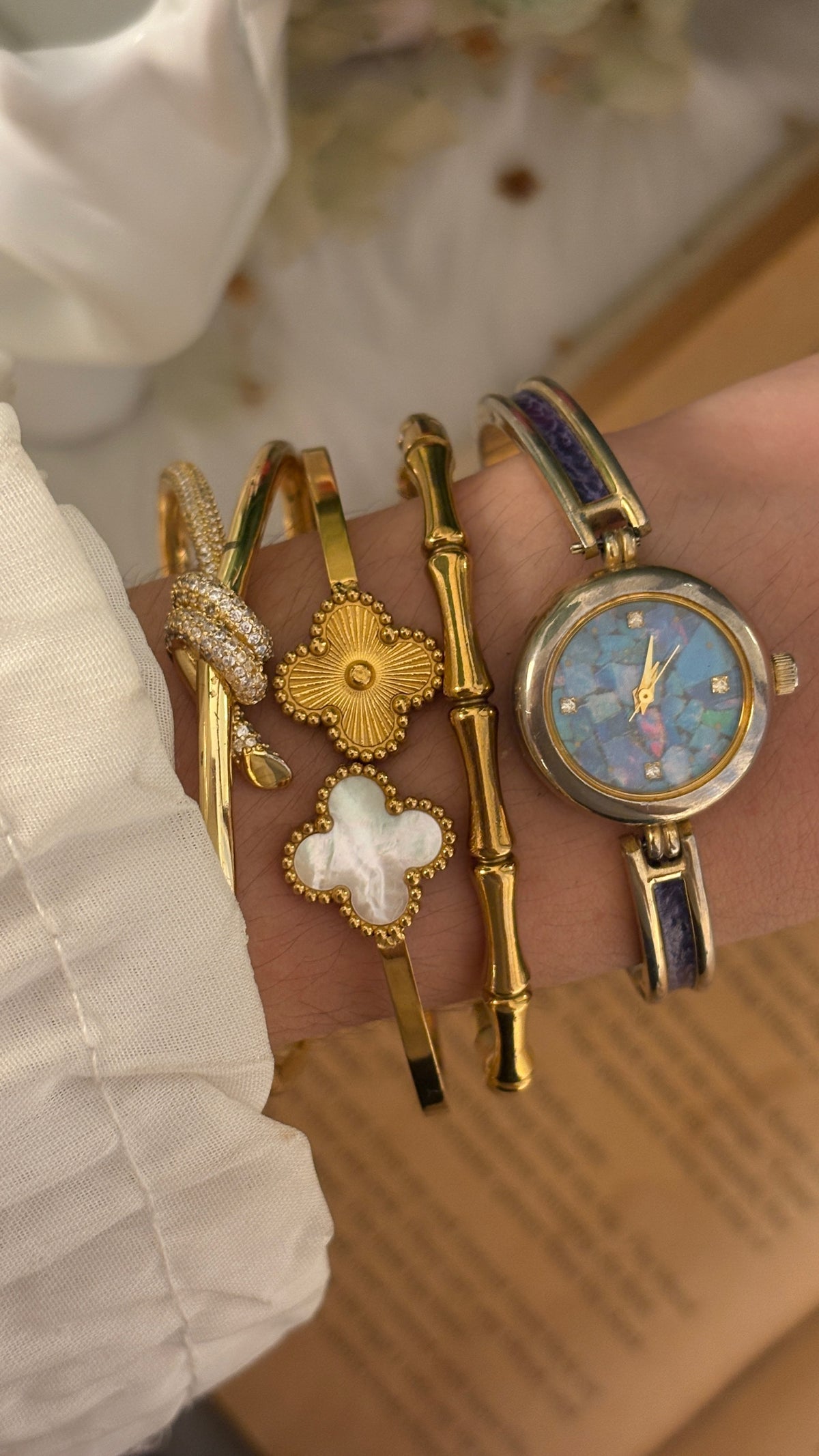 Rare Vintage Krone Opal Dial Leather Bangle Watch in Gold Tone Quartz