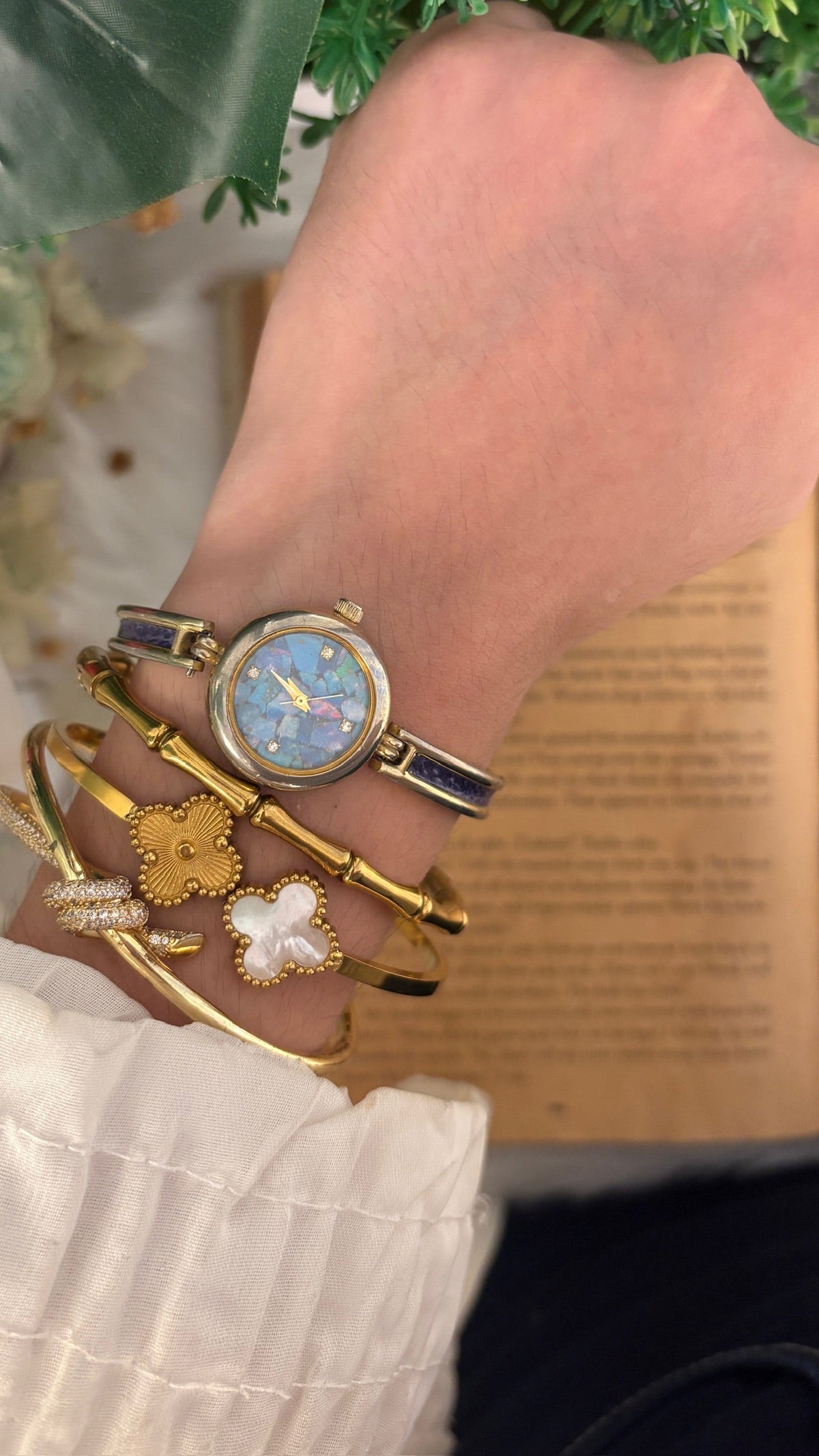 Rare Vintage Krone Opal Dial Leather Bangle Watch in Gold Tone Quartz