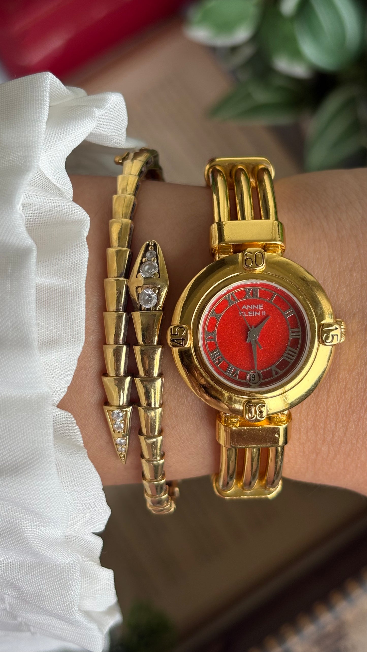 Vintage Anne Klein II Watch in Gold Tone Red Dial