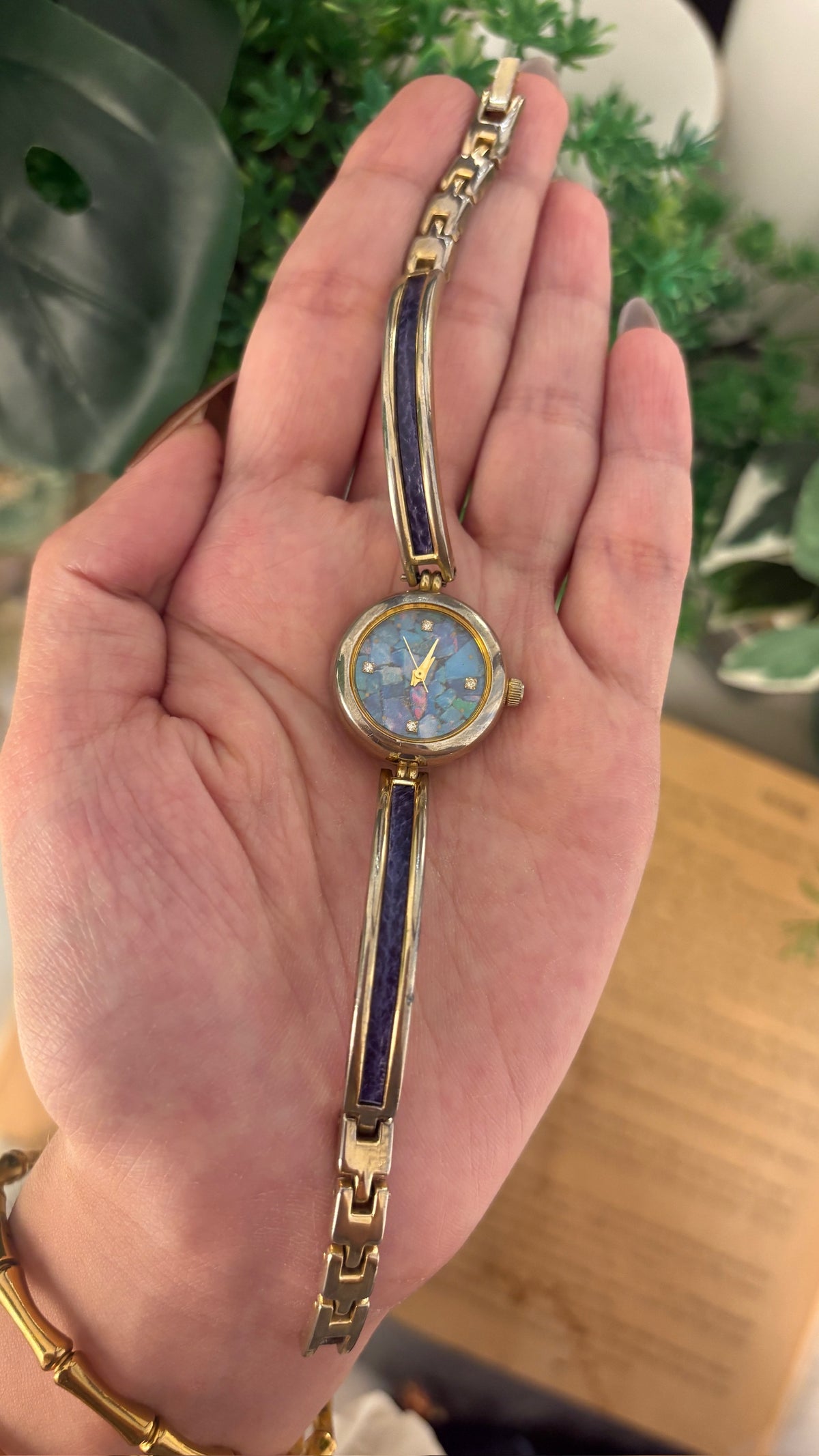 Rare Vintage Krone Opal Dial Leather Bangle Watch in Gold Tone Quartz