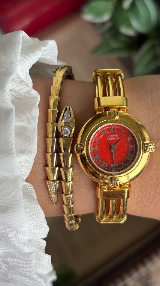 Vintage Anne Klein II Watch in Gold Tone Red Dial