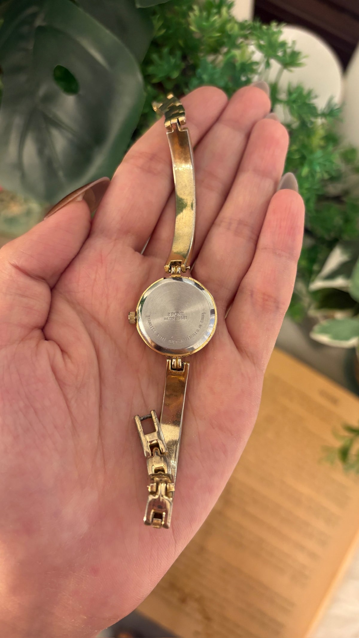 Rare Vintage Krone Opal Dial Leather Bangle Watch in Gold Tone Quartz