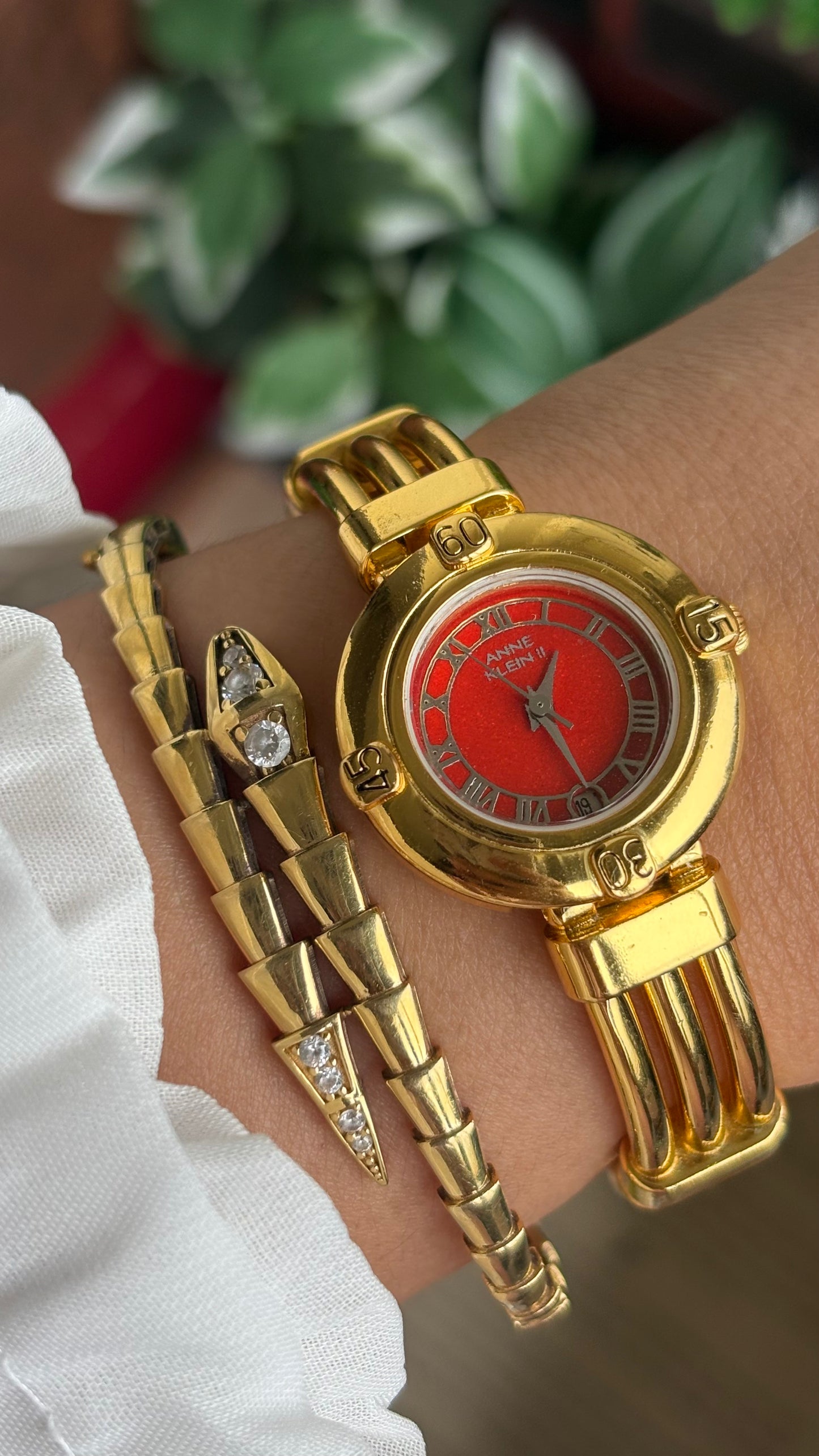 Vintage Anne Klein II Watch in Gold Tone Red Dial