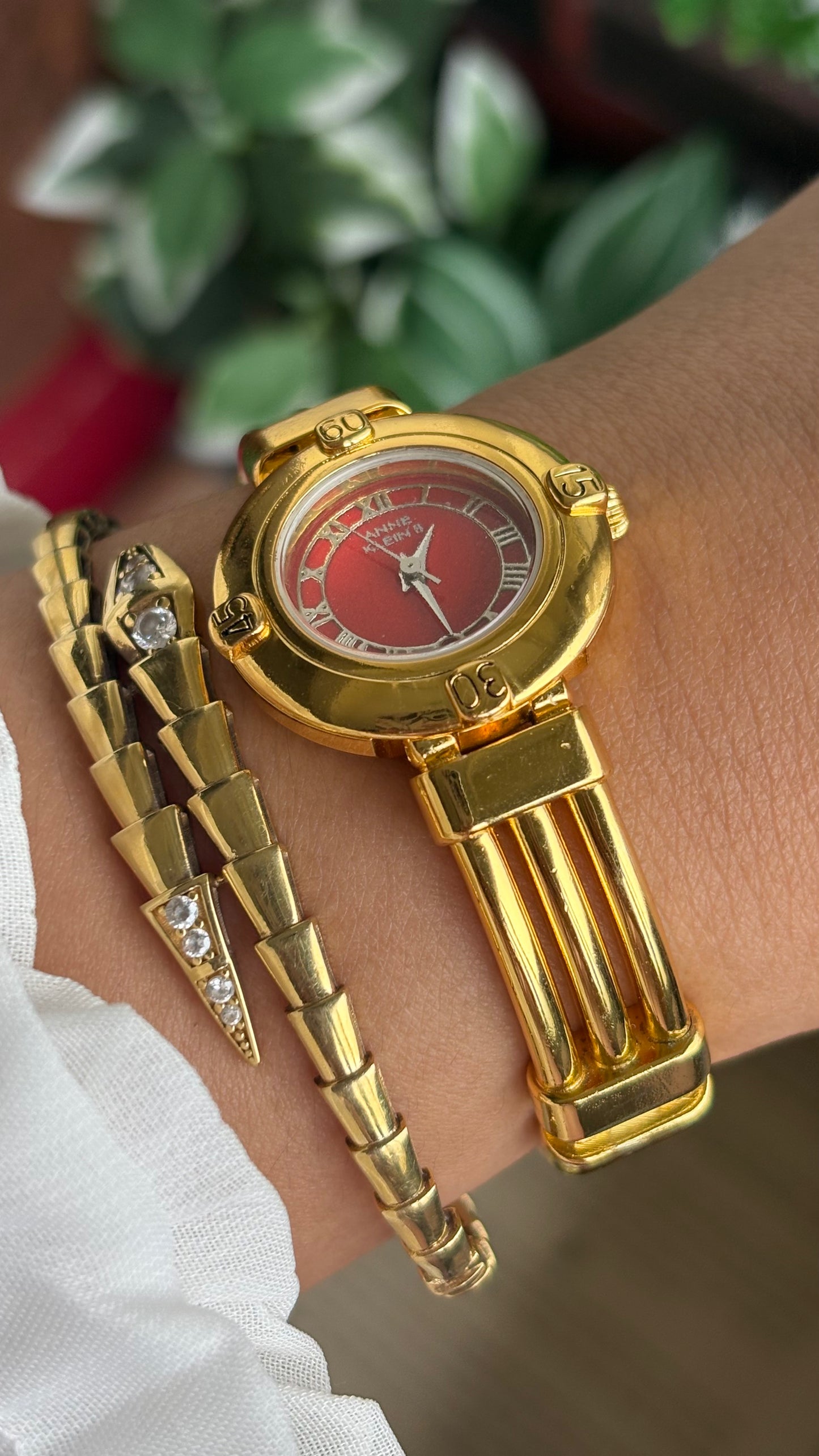 Vintage Anne Klein II Watch in Gold Tone Red Dial