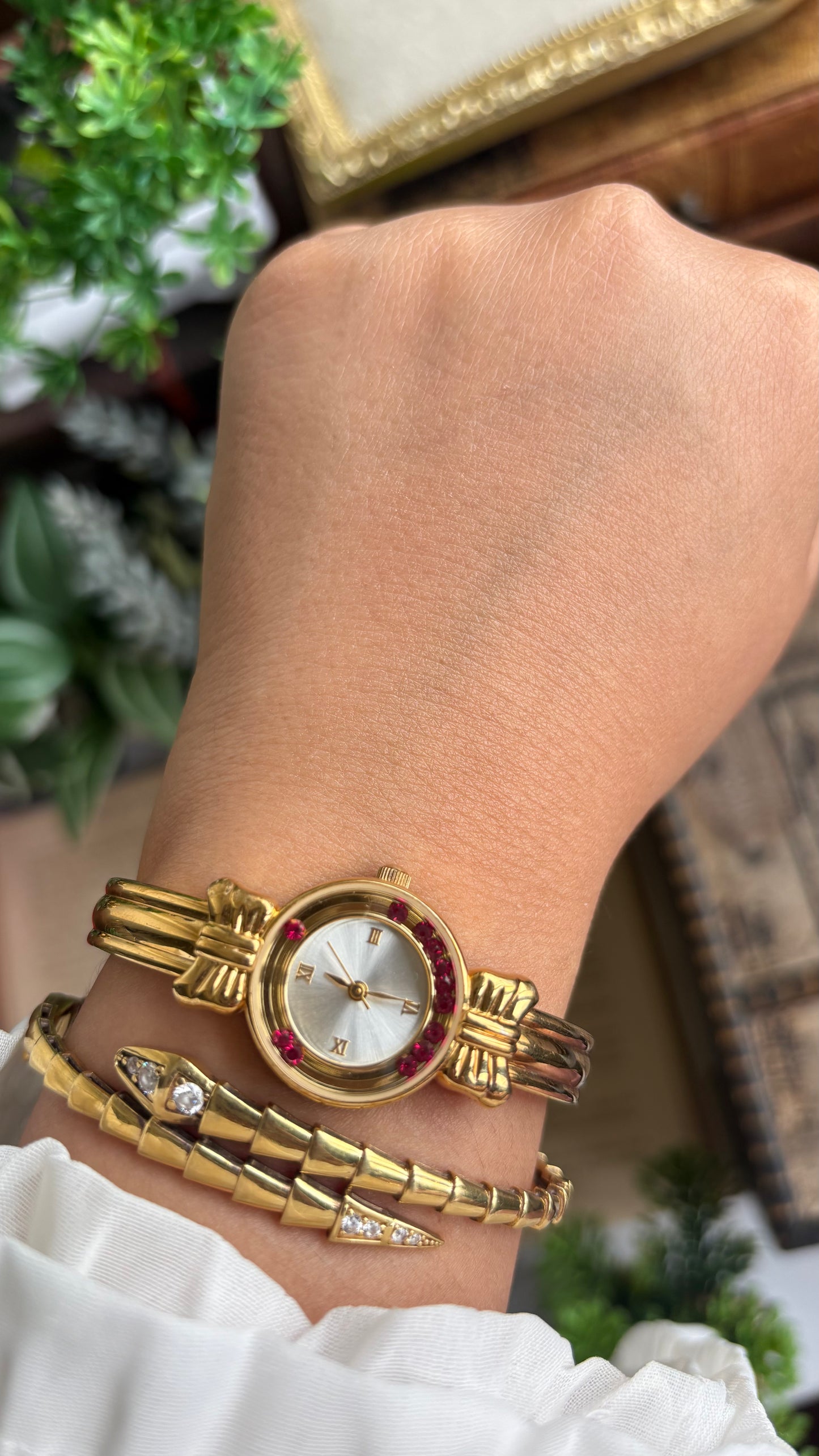 Vintage Coquette Watch in Gold Tone with Dancing Rubies