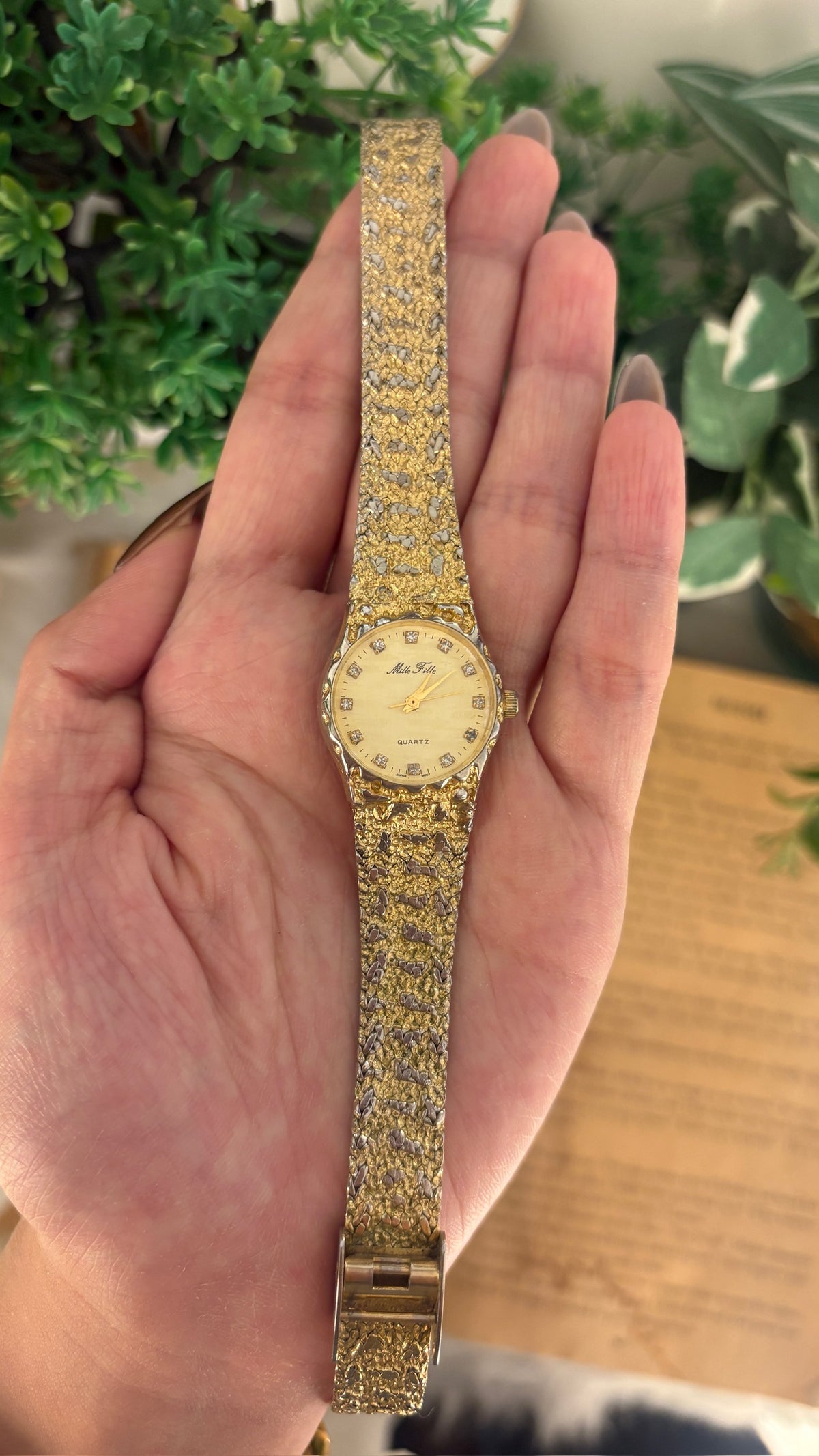 Rare Vintage Mille Fille Nugget Watch in Gold Tone Quartz