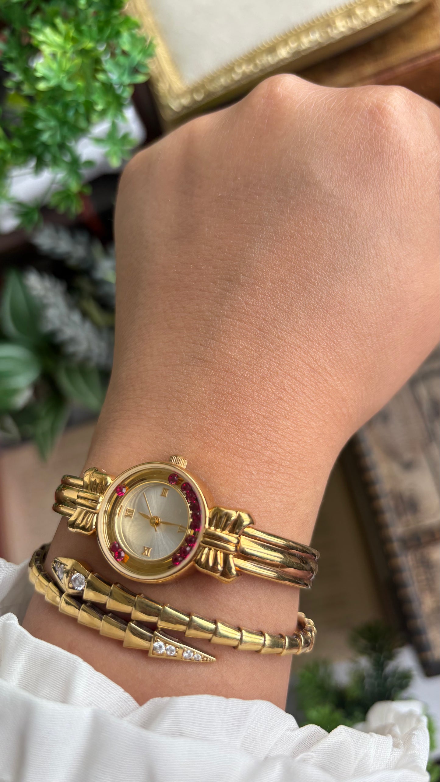 Vintage Coquette Watch in Gold Tone with Dancing Rubies