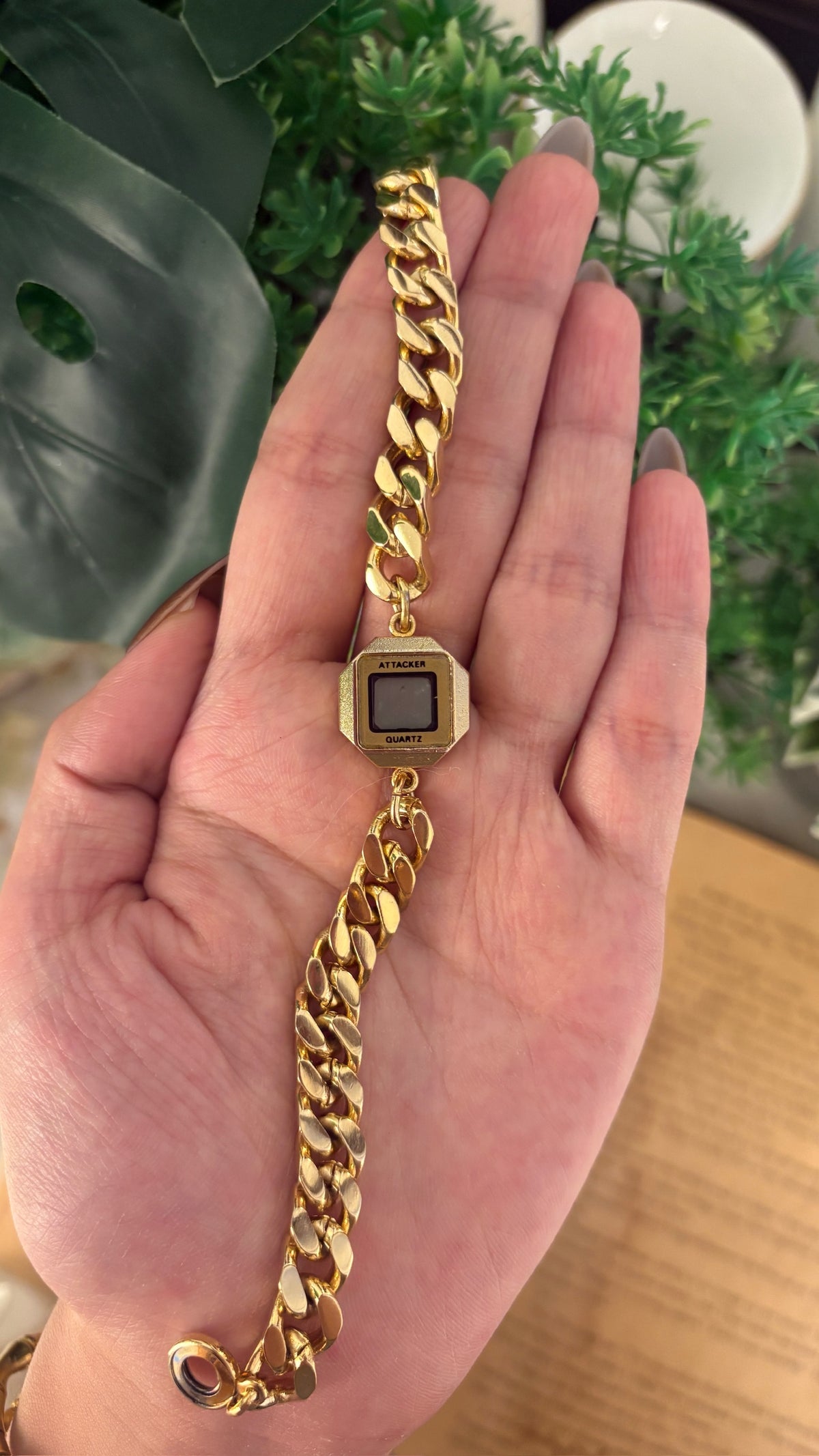 Rare Dainty Vintage Attacker Digital Chain Watch in Gold Tone Quartz