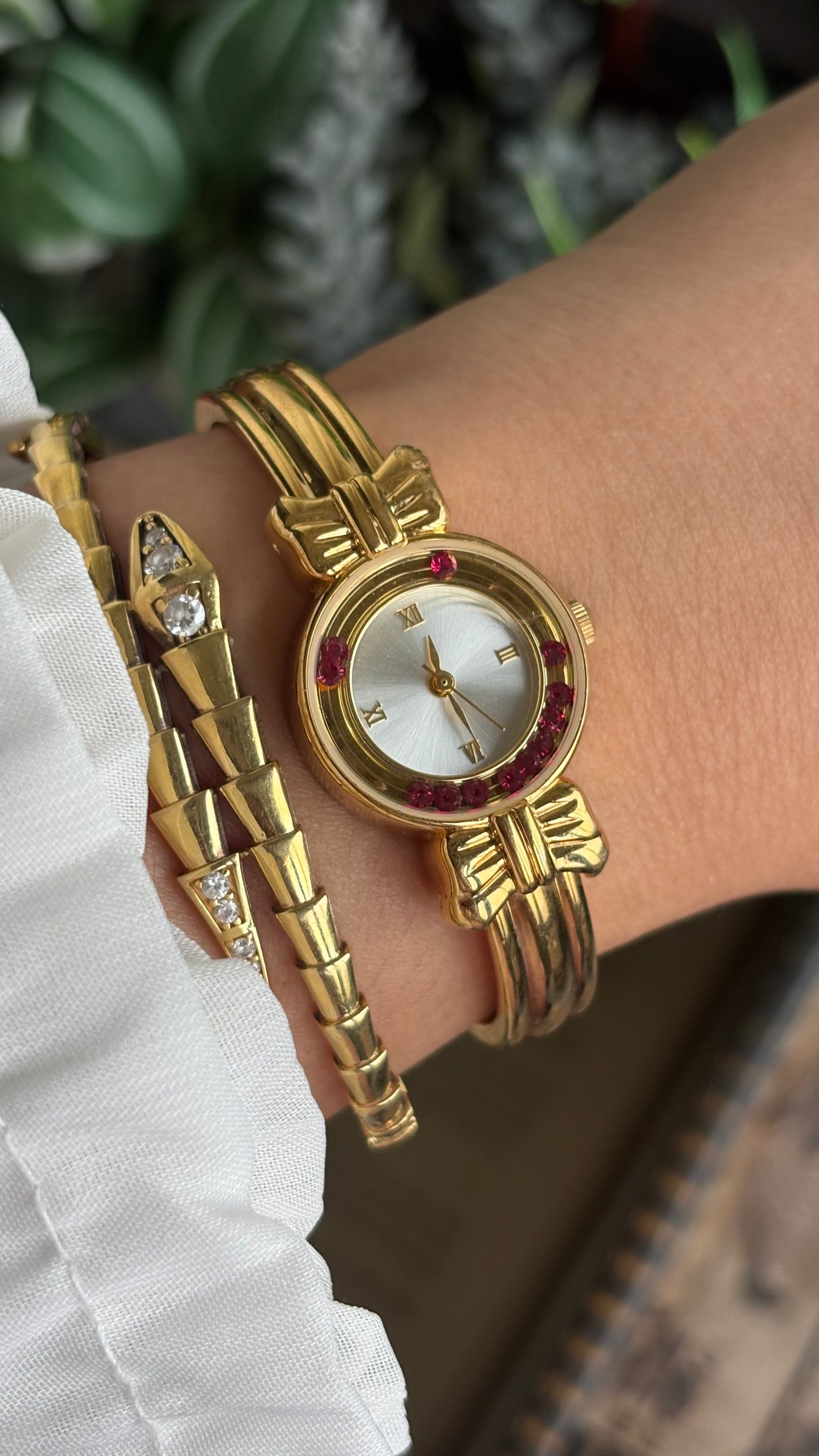 Vintage Coquette Watch in Gold Tone with Dancing Rubies