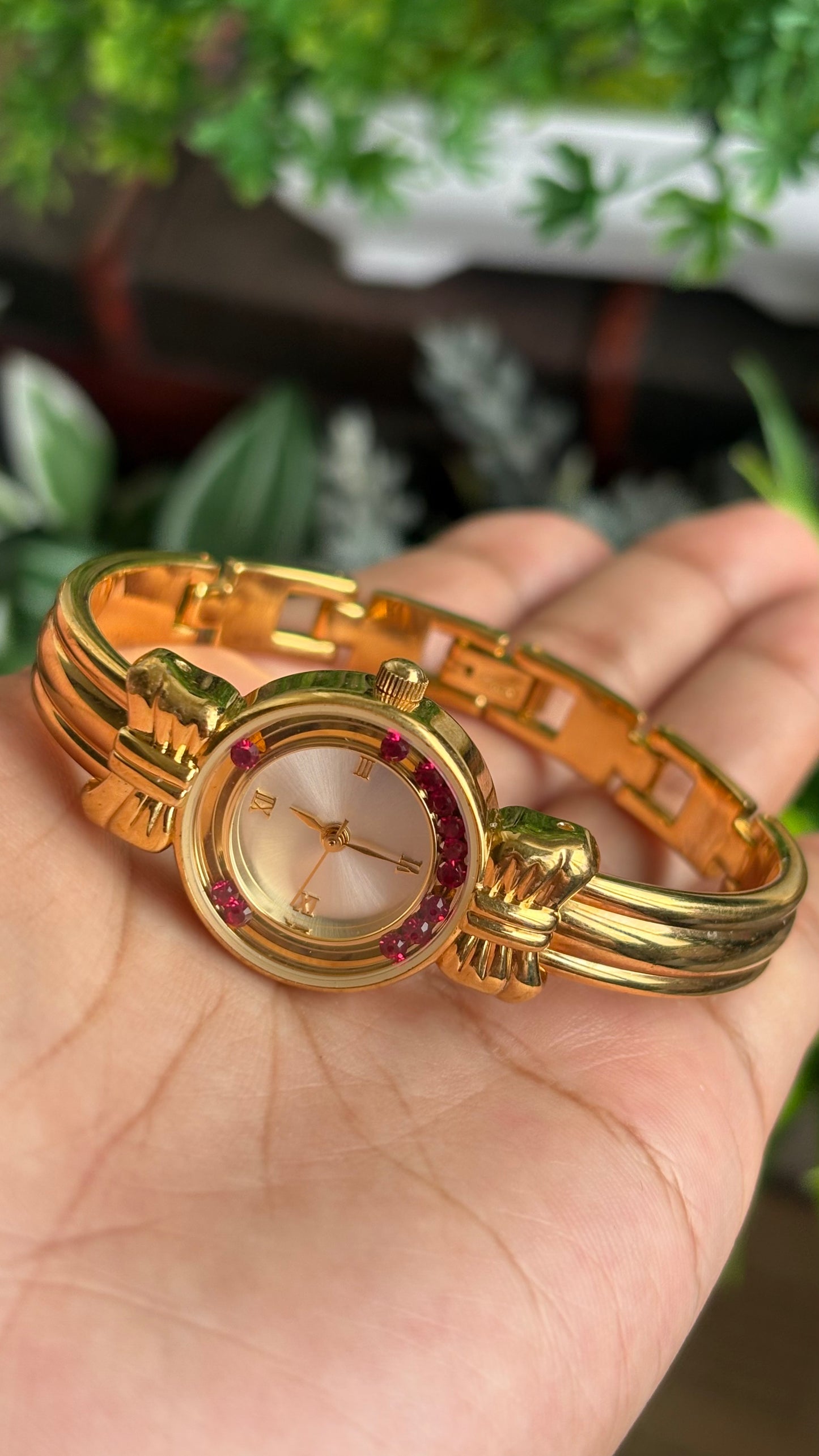 Vintage Coquette Watch in Gold Tone with Dancing Rubies
