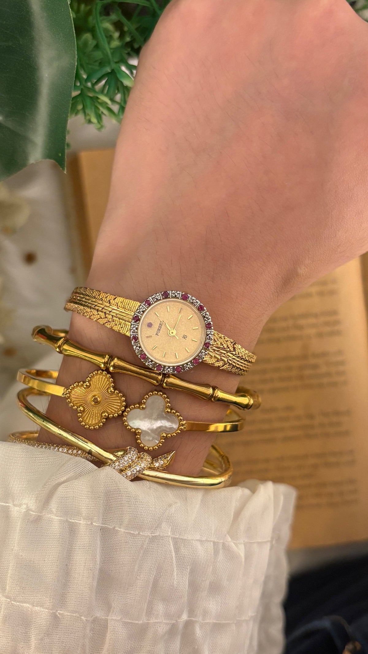 Extremely Rare Vintage Forbel Ruby Accented Bezel Dress Watch in Gold Tone Quartz