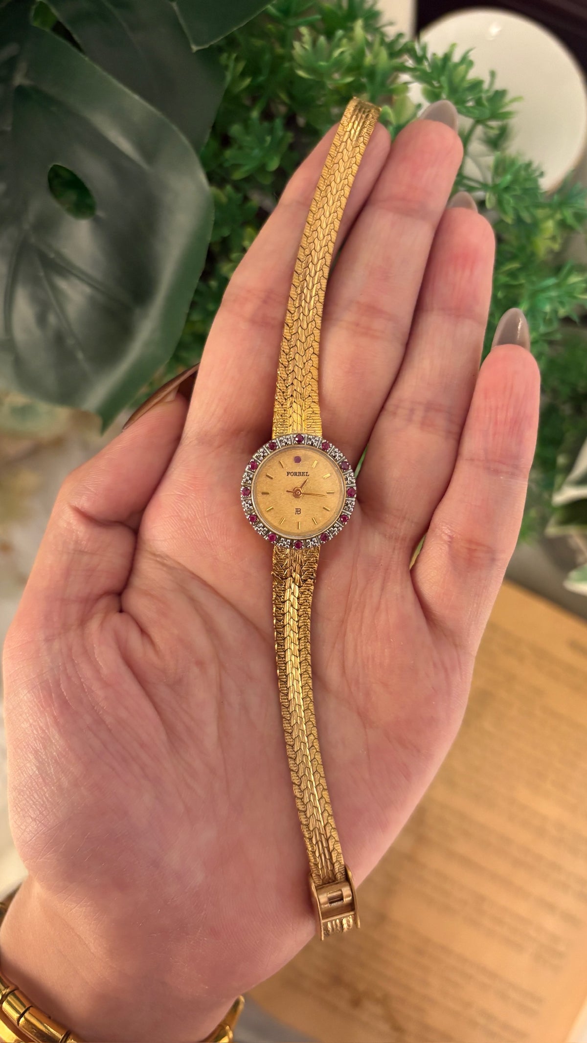 Extremely Rare Vintage Forbel Ruby Accented Bezel Dress Watch in Gold Tone Quartz