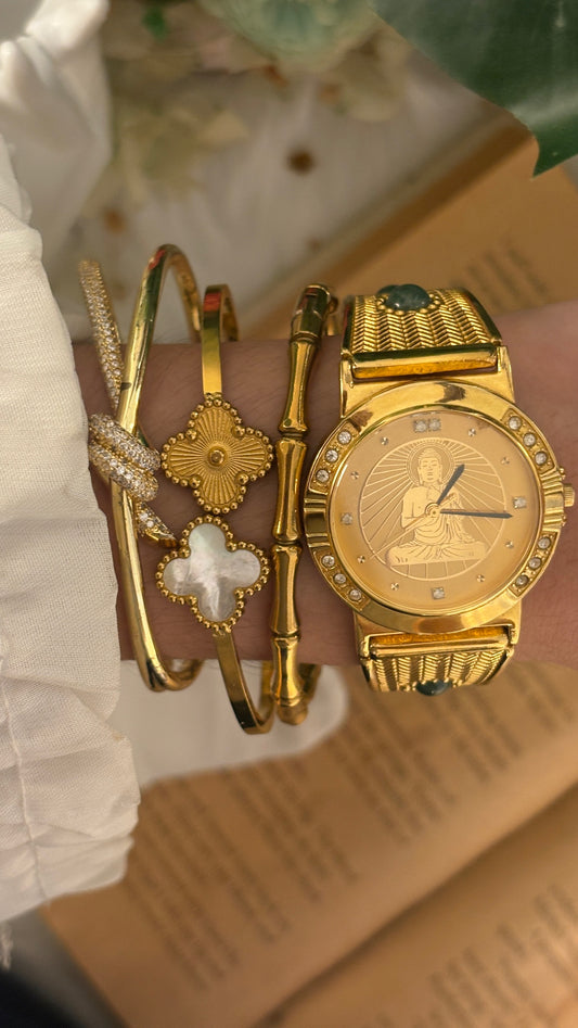 Rare Vintage Langs Buddhist Semi-Bangle Watch in Gold Tone Quartz