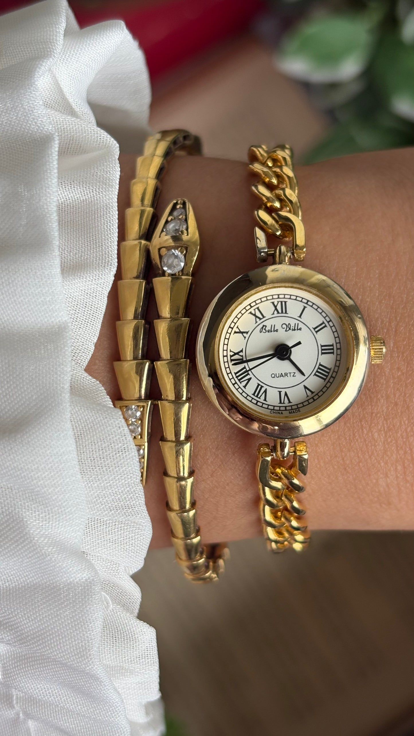 Vintage Belle Ville Chain Watch in Gold Tone Roman Dial