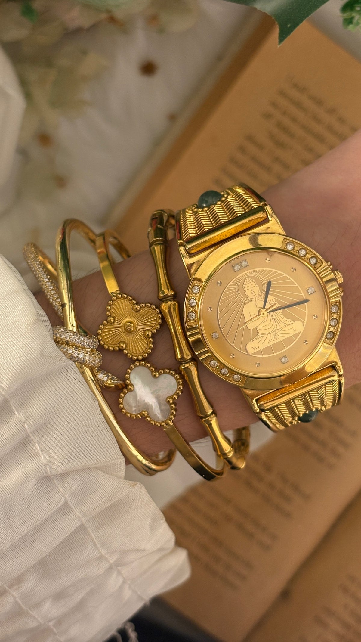 Rare Vintage Langs Buddhist Semi-Bangle Watch in Gold Tone Quartz
