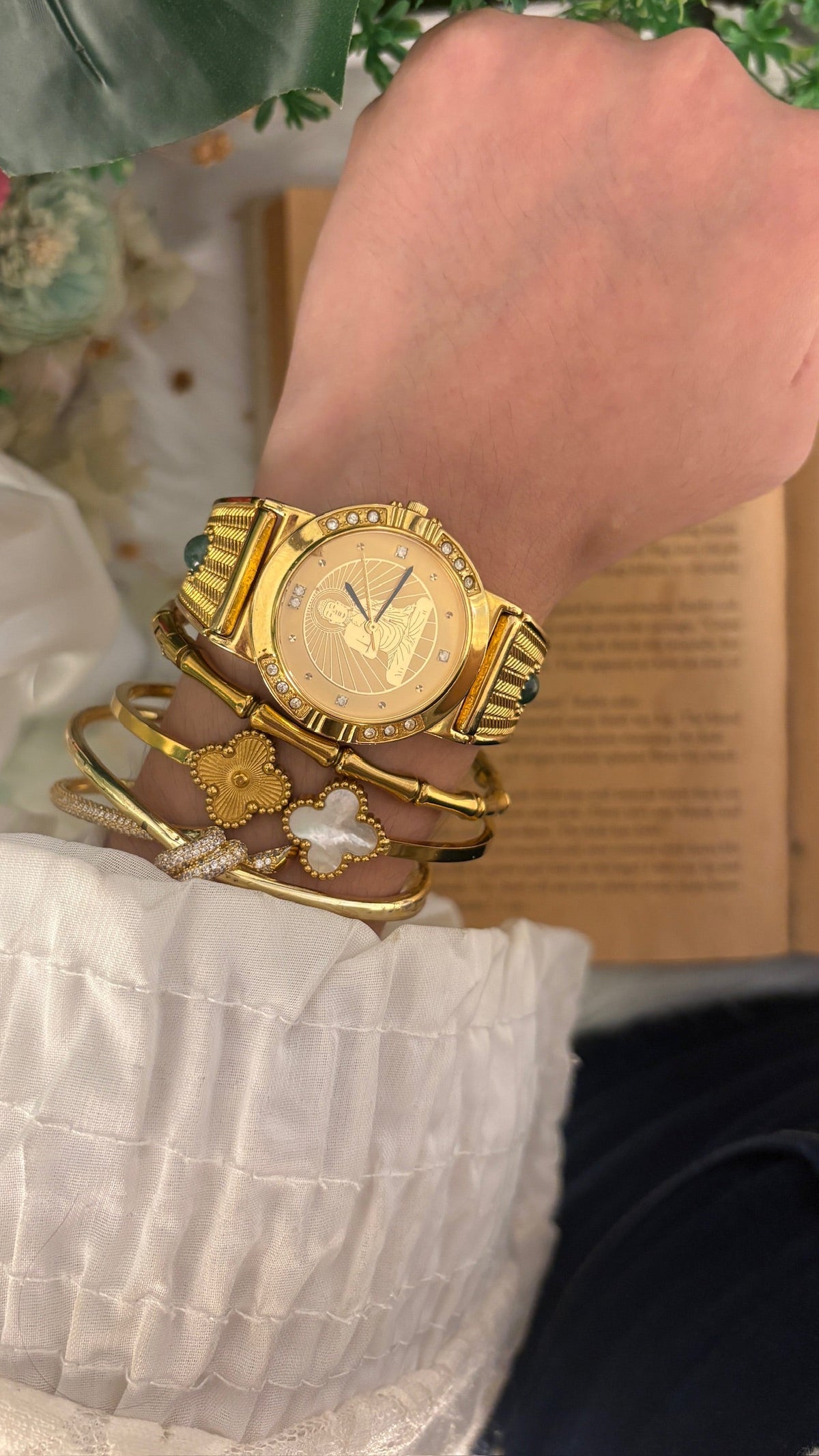 Rare Vintage Langs Buddhist Semi-Bangle Watch in Gold Tone Quartz