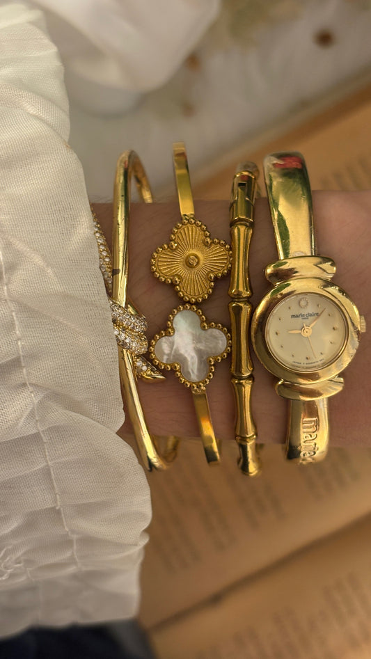 Rare Dainty Vintage Marie Claire Yellow Dial Bangle Watch in Gold Tone Quartz