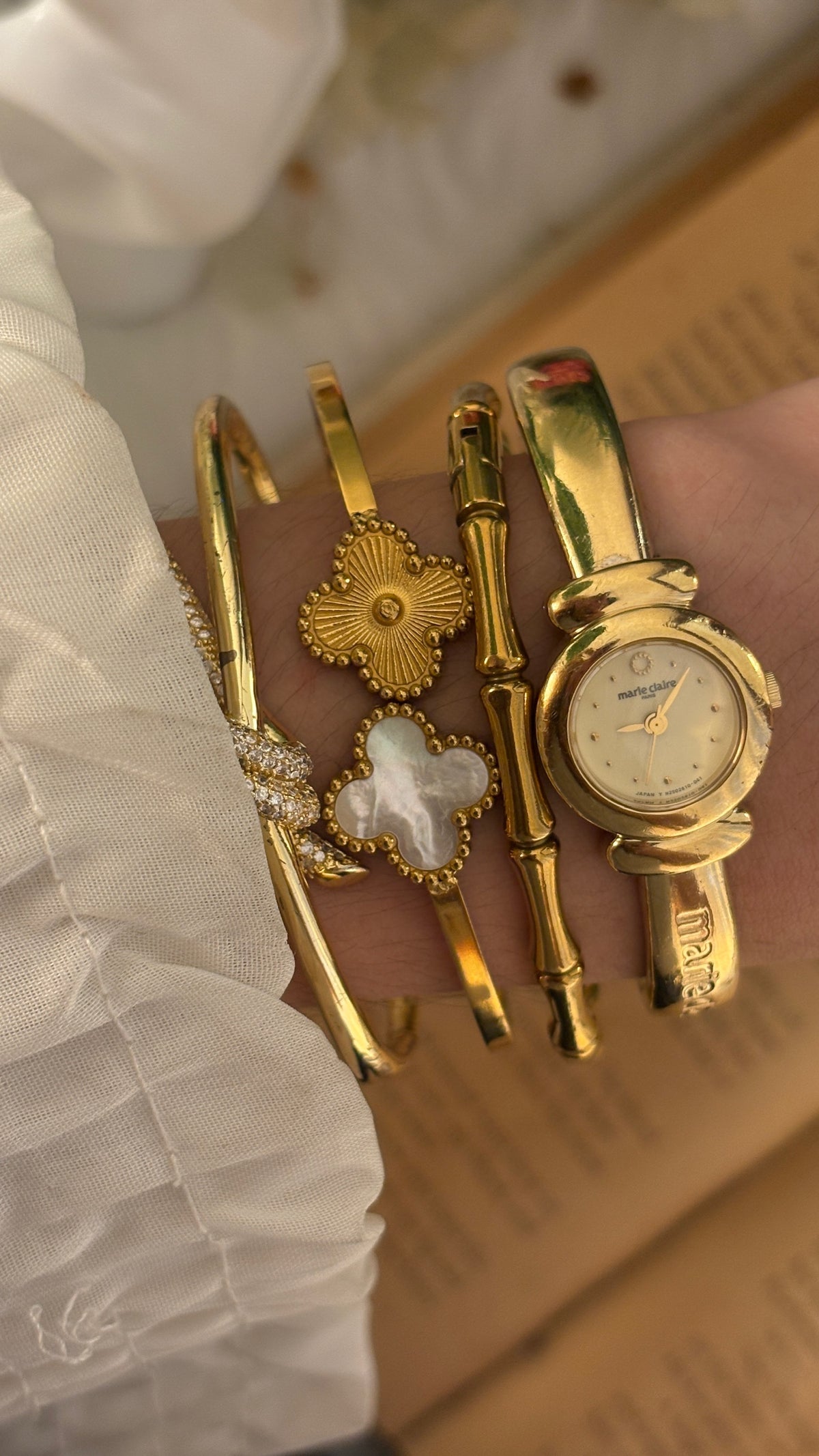 Rare Dainty Vintage Marie Claire Yellow Dial Bangle Watch in Gold Tone Quartz