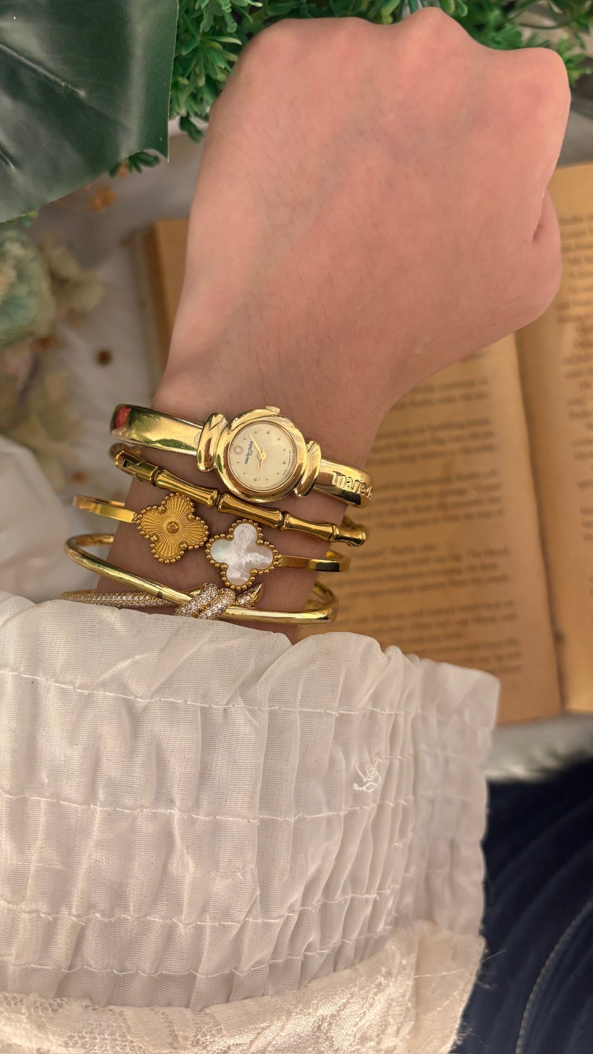 Rare Dainty Vintage Marie Claire Yellow Dial Bangle Watch in Gold Tone Quartz