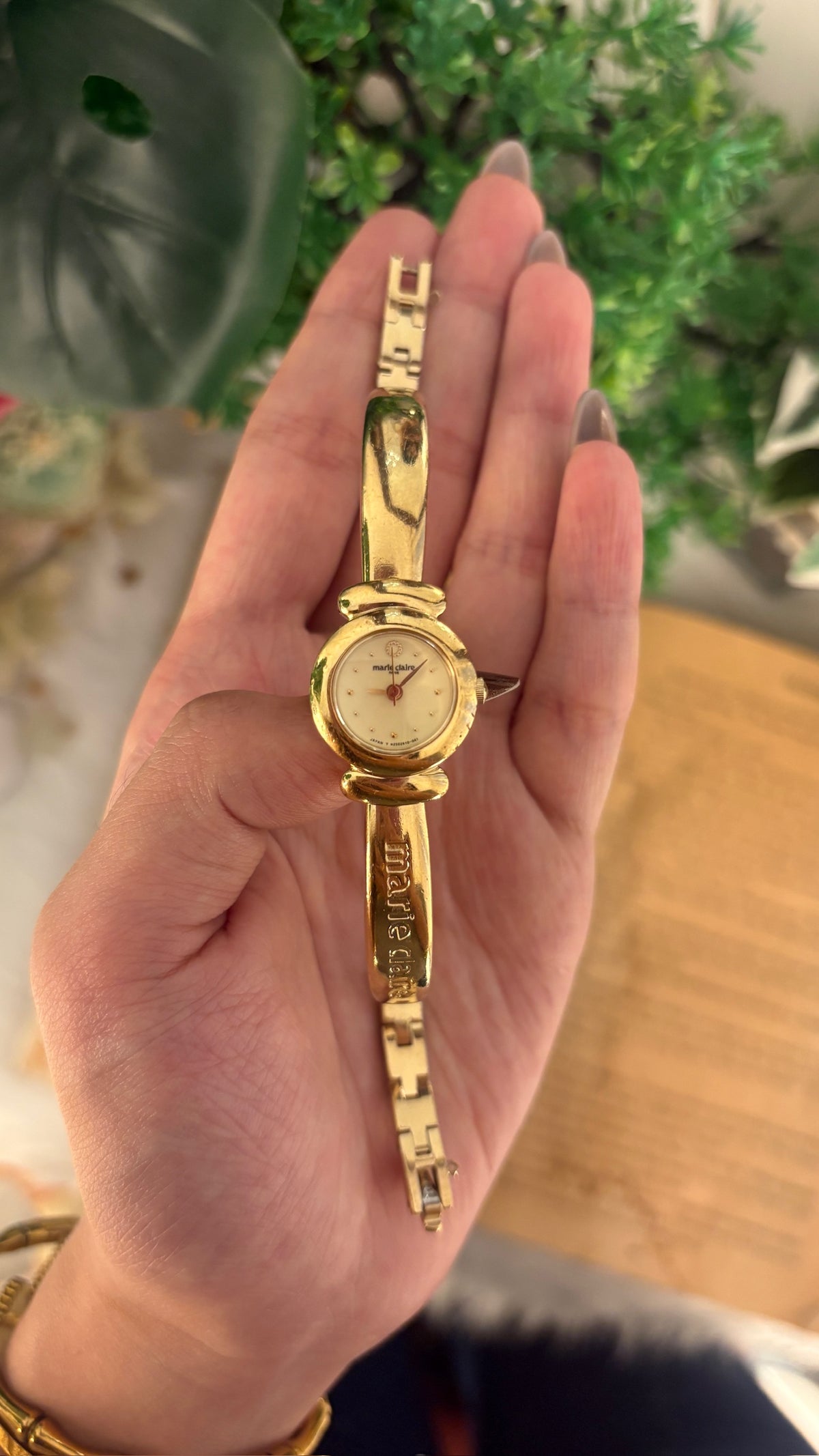 Rare Dainty Vintage Marie Claire Yellow Dial Bangle Watch in Gold Tone Quartz