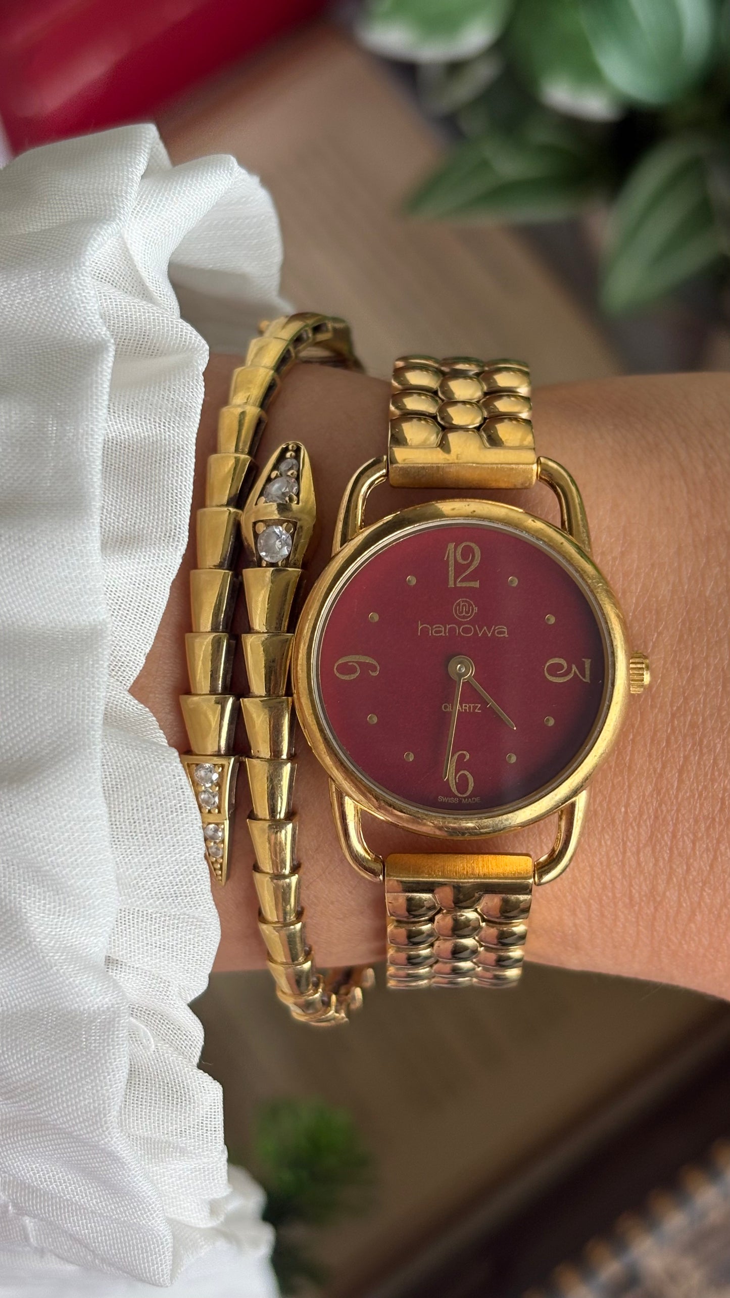 Vintage Hanowa Swiss BurgundyDial Watch in Gold Tone