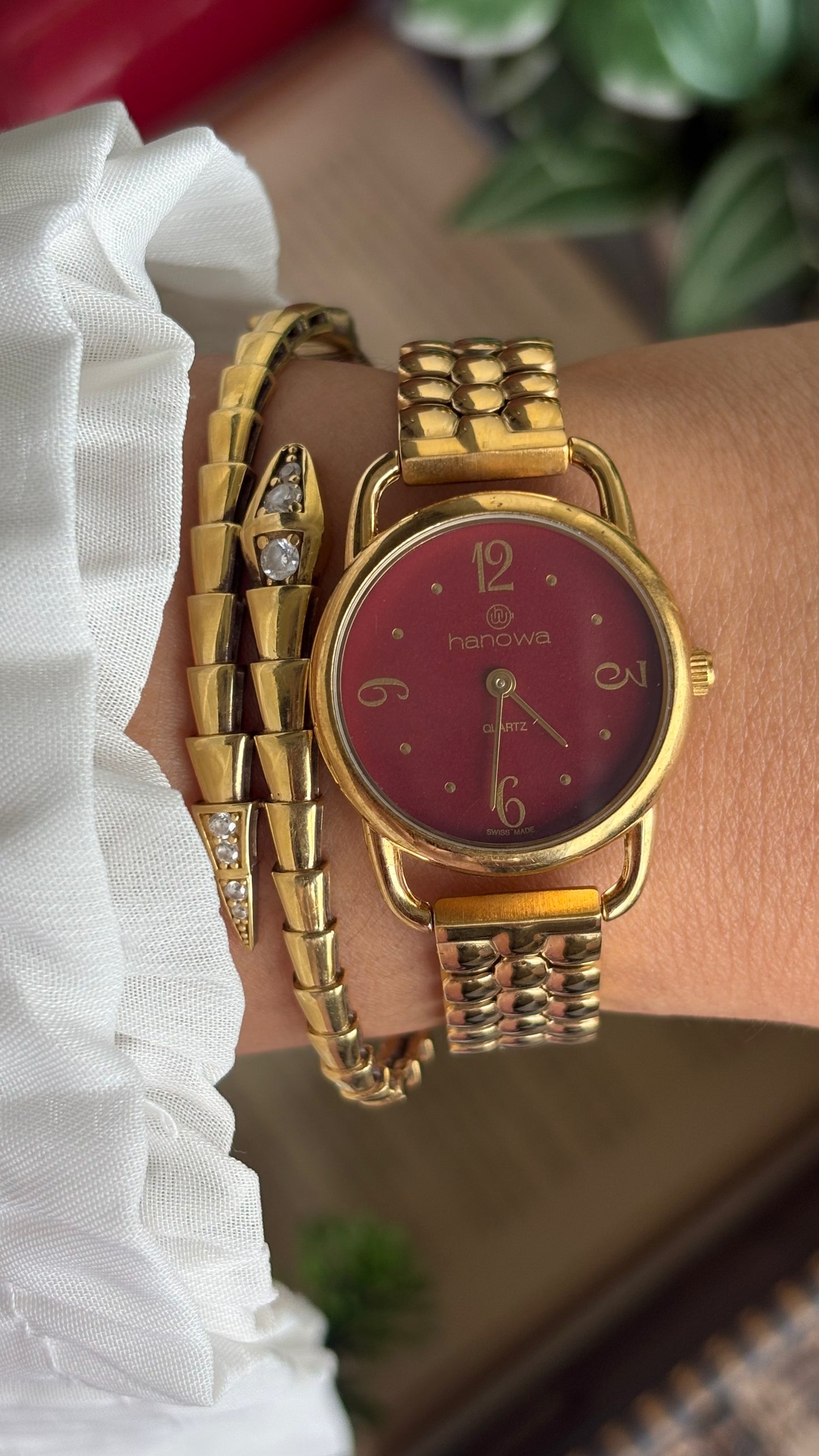 Vintage Hanowa Swiss BurgundyDial Watch in Gold Tone