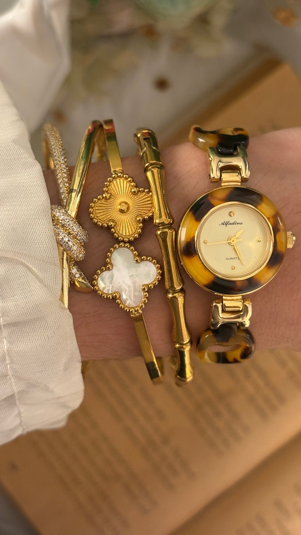 Rare Vintage Alfadino Tortoise Semi-Bangle Watch in Gold Tone Quartz