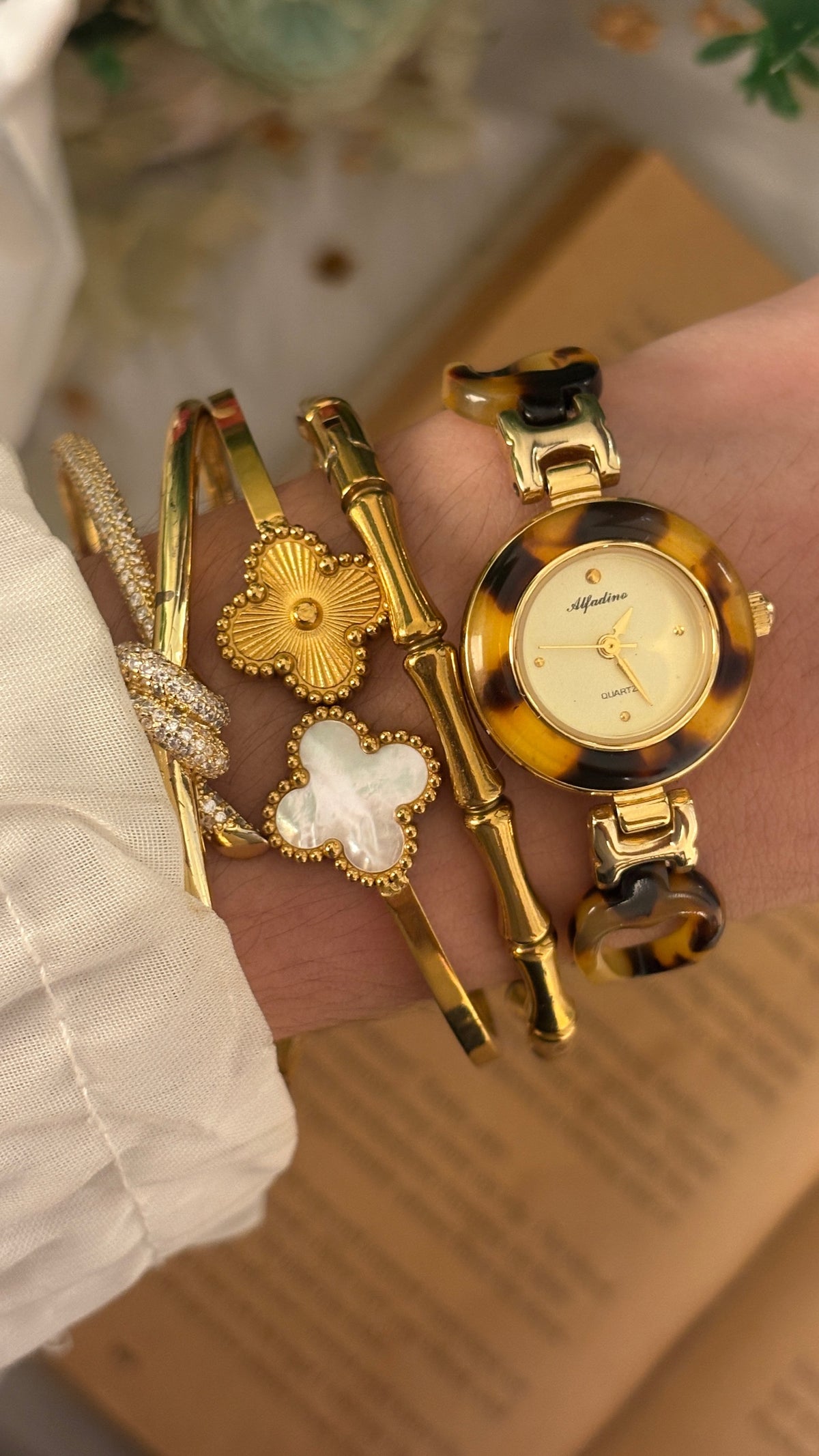 Rare Vintage Alfadino Tortoise Semi-Bangle Watch in Gold Tone Quartz