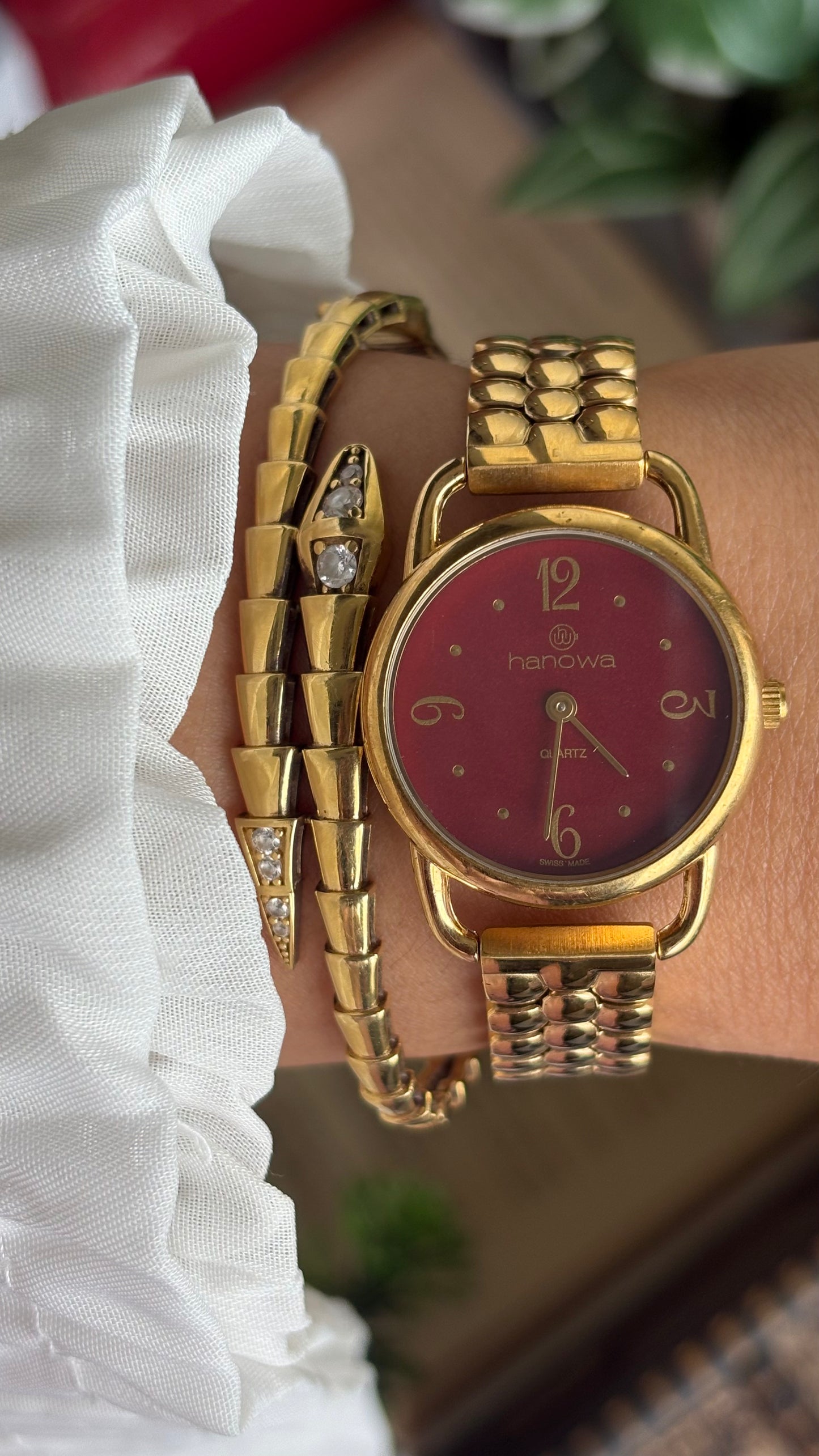 Vintage Hanowa Swiss BurgundyDial Watch in Gold Tone