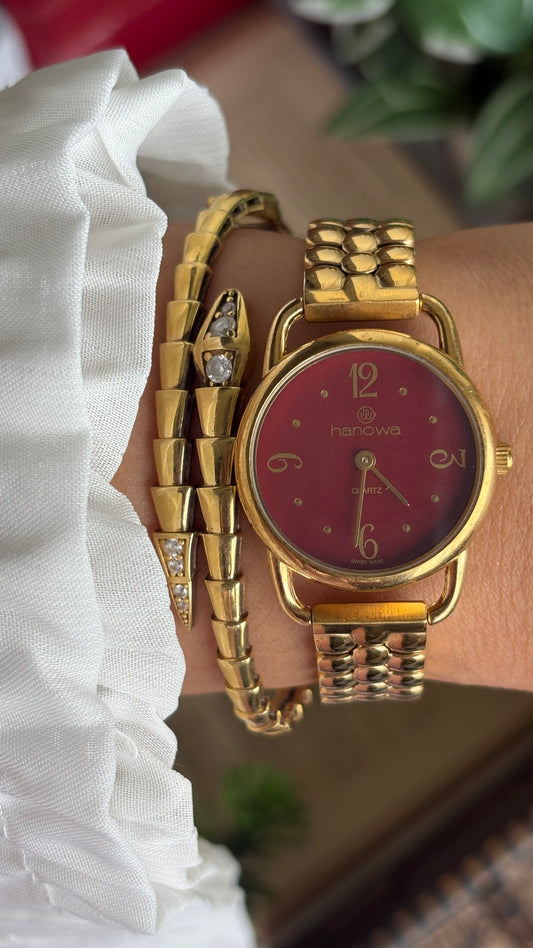 Vintage Hanowa Swiss BurgundyDial Watch in Gold Tone
