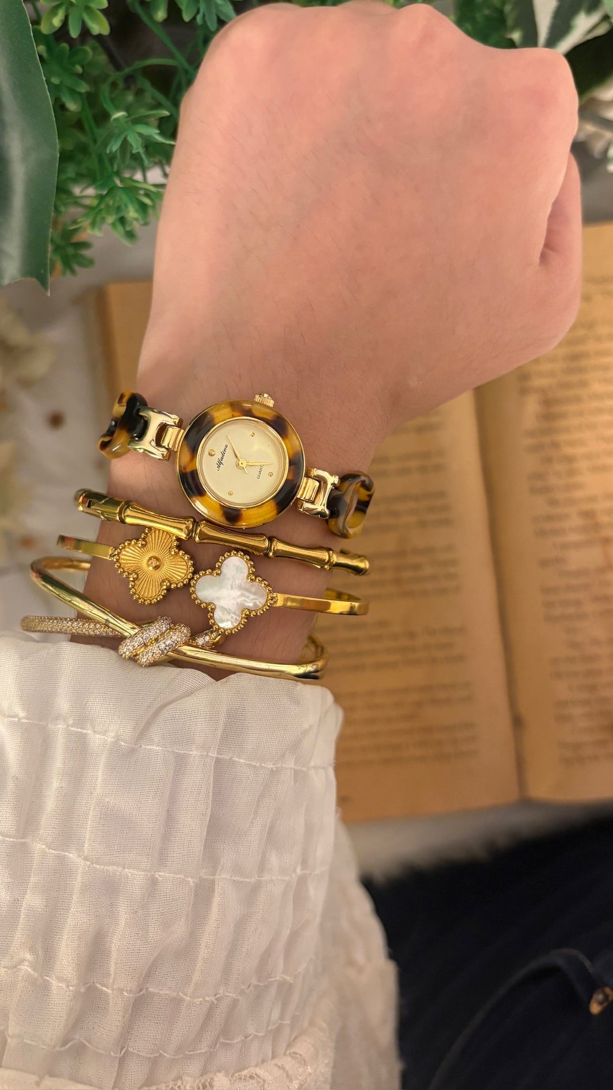 Rare Vintage Alfadino Tortoise Semi-Bangle Watch in Gold Tone Quartz