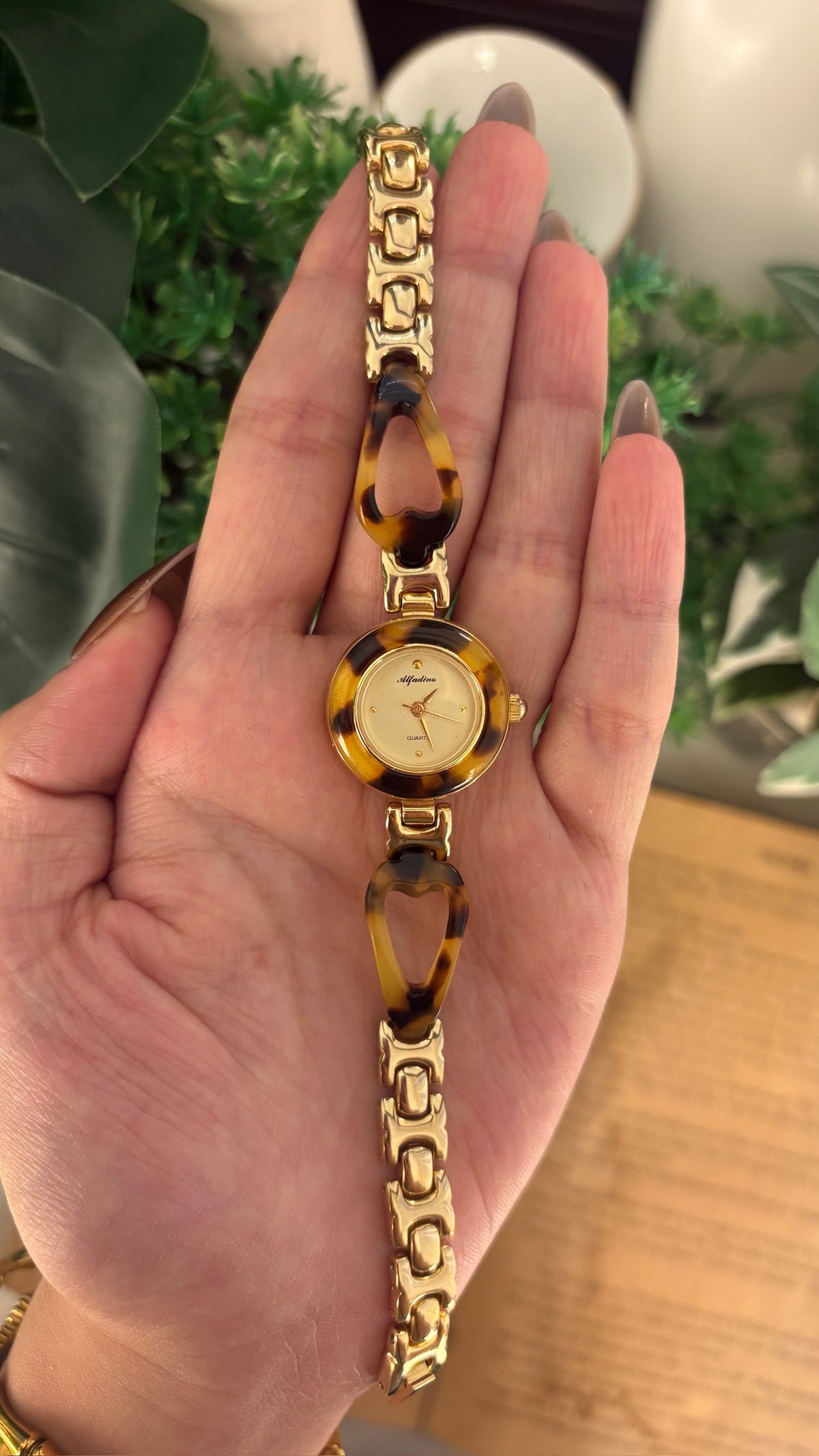 Rare Vintage Alfadino Tortoise Semi-Bangle Watch in Gold Tone Quartz