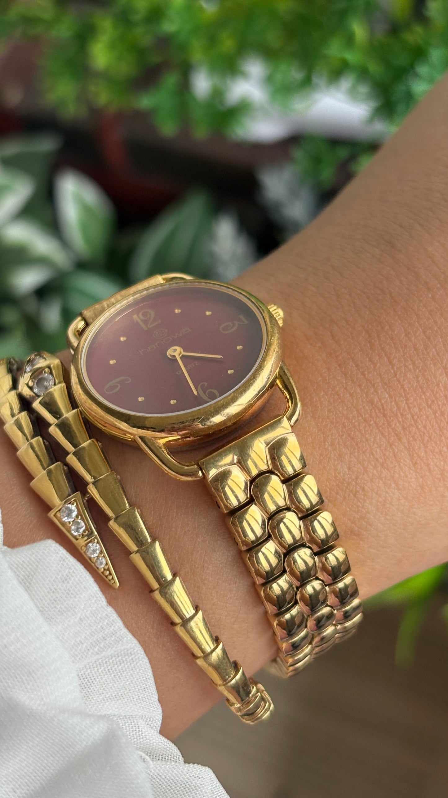 Vintage Hanowa Swiss BurgundyDial Watch in Gold Tone