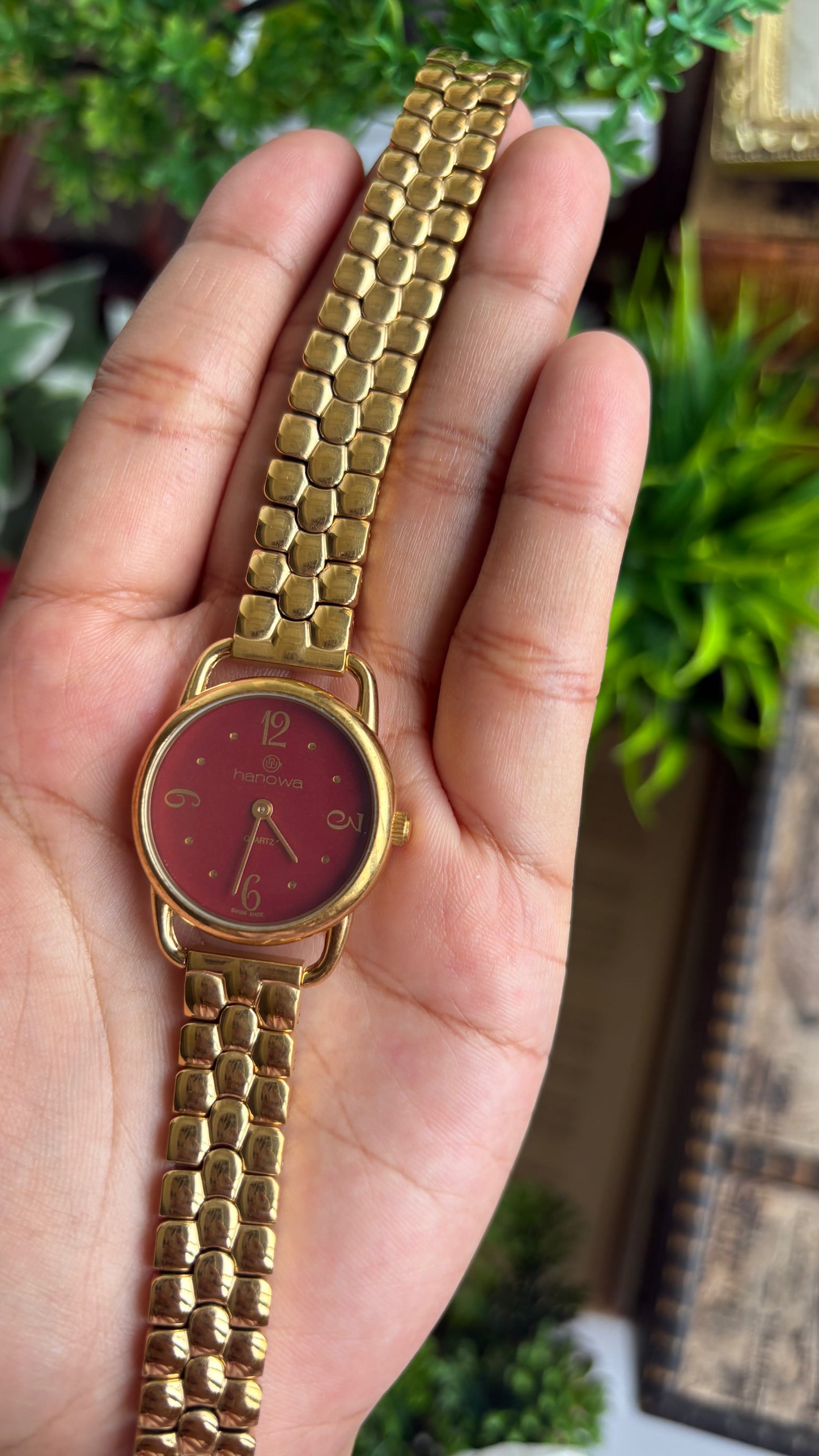 Vintage Hanowa Swiss BurgundyDial Watch in Gold Tone