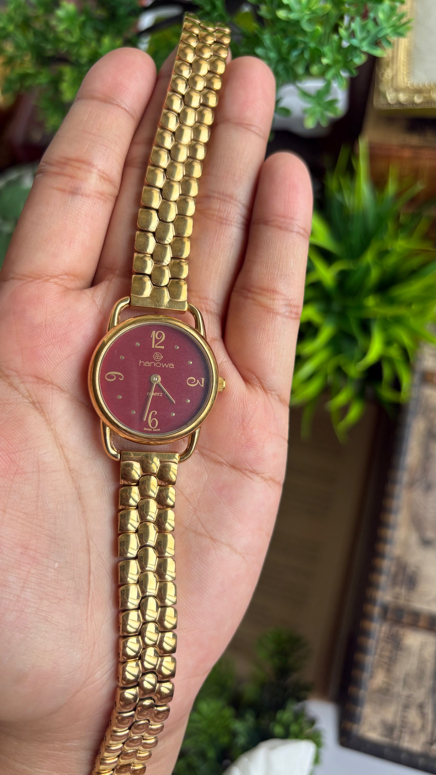 Vintage Hanowa Swiss BurgundyDial Watch in Gold Tone