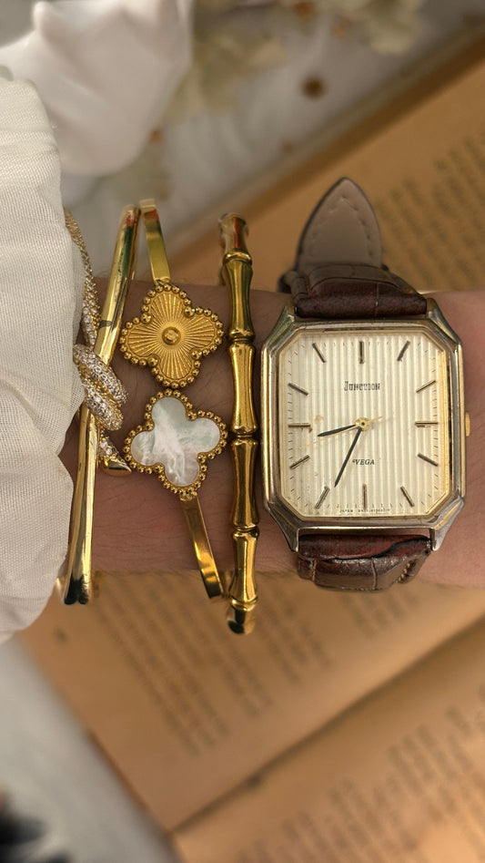 Rare Vintage Junction Vega Citizen Mens Tank Watch in Gold Tone Brown Leather Quartz