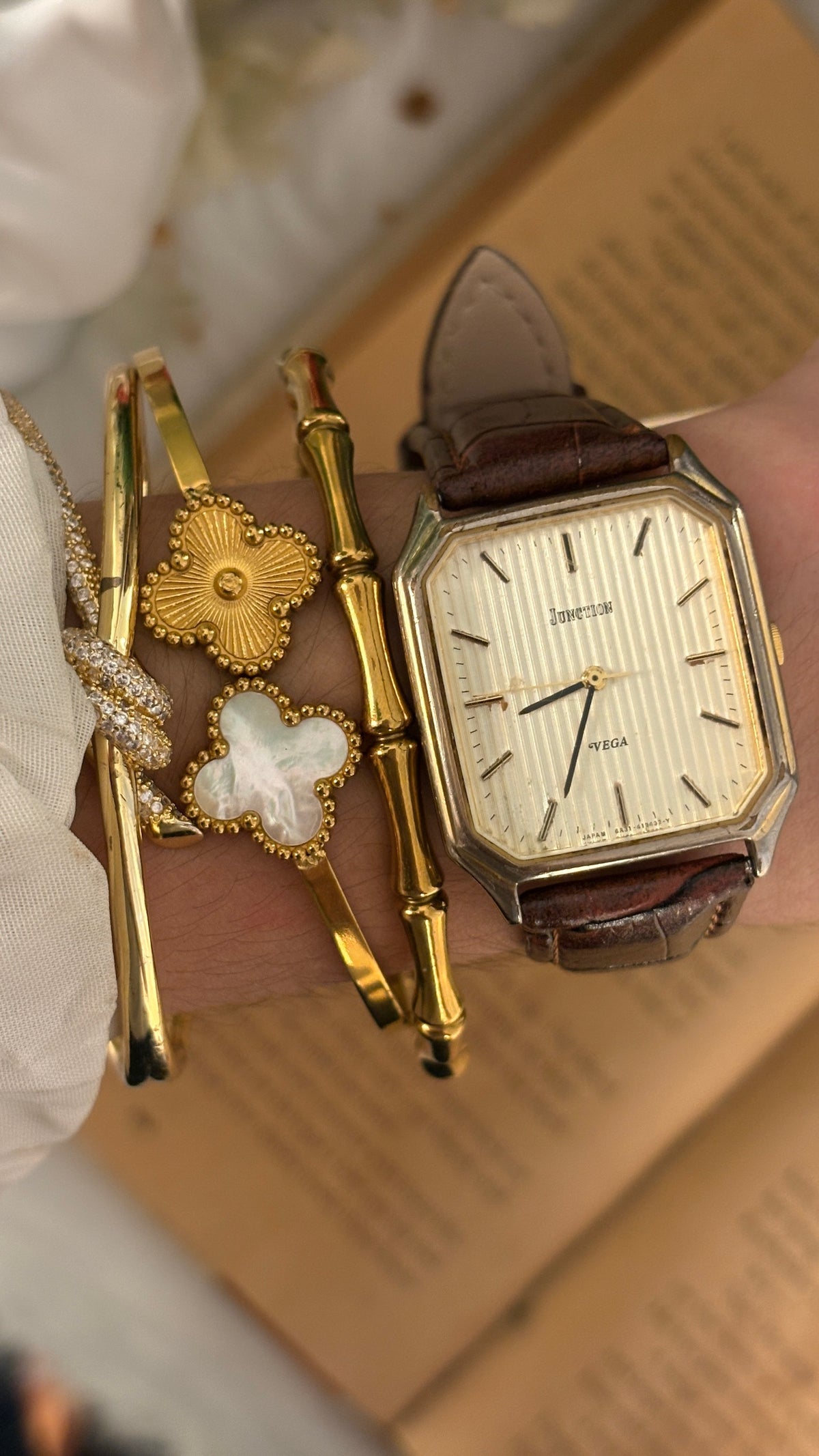 Rare Vintage Junction Vega Citizen Mens Tank Watch in Gold Tone Brown Leather Quartz