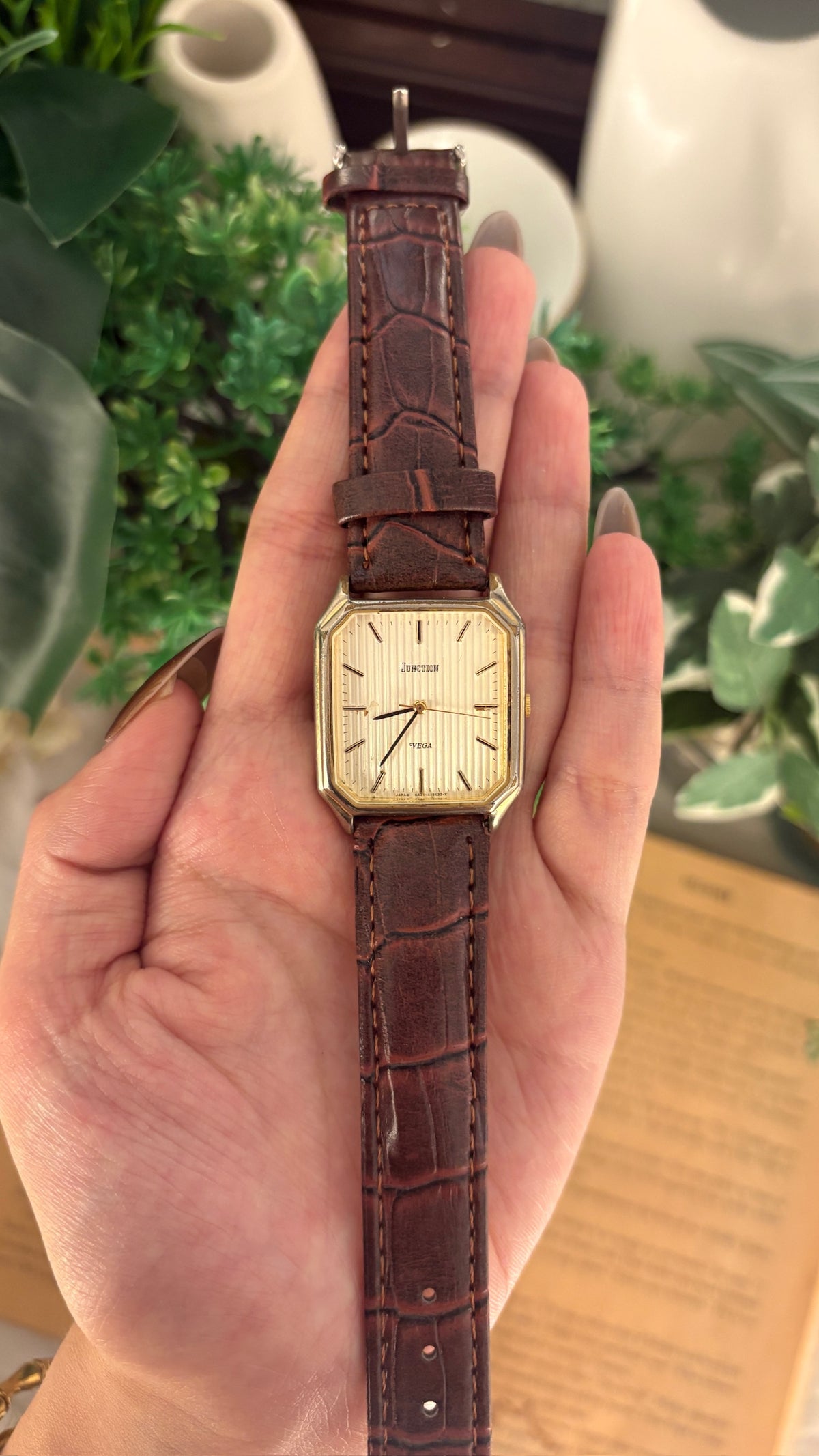 Rare Vintage Junction Vega Citizen Mens Tank Watch in Gold Tone Brown Leather Quartz