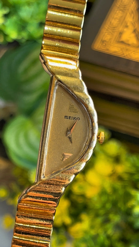 Extremely Rare 1990s Seiko Half Moon Vintage Watch in Gold Tone