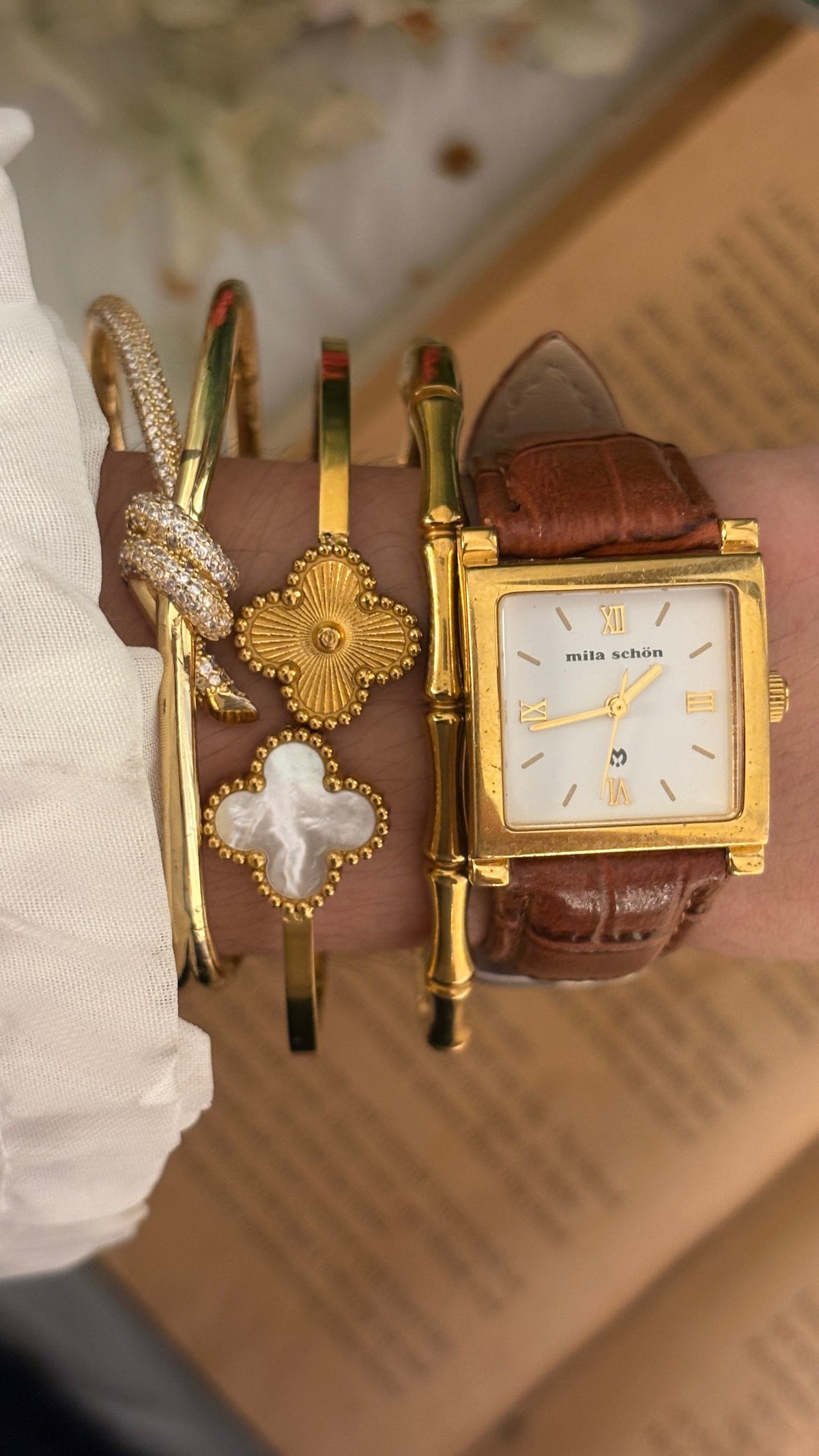 Rare Vintage Mila Schon Tank Watch in Gold Tone Brown Leather Quartz