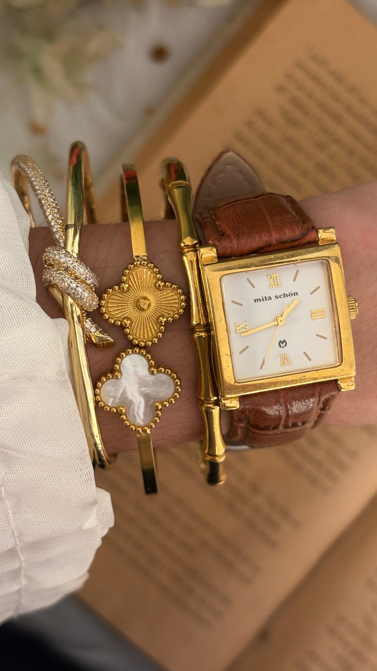 Rare Vintage Mila Schon Tank Watch in Gold Tone Brown Leather Quartz